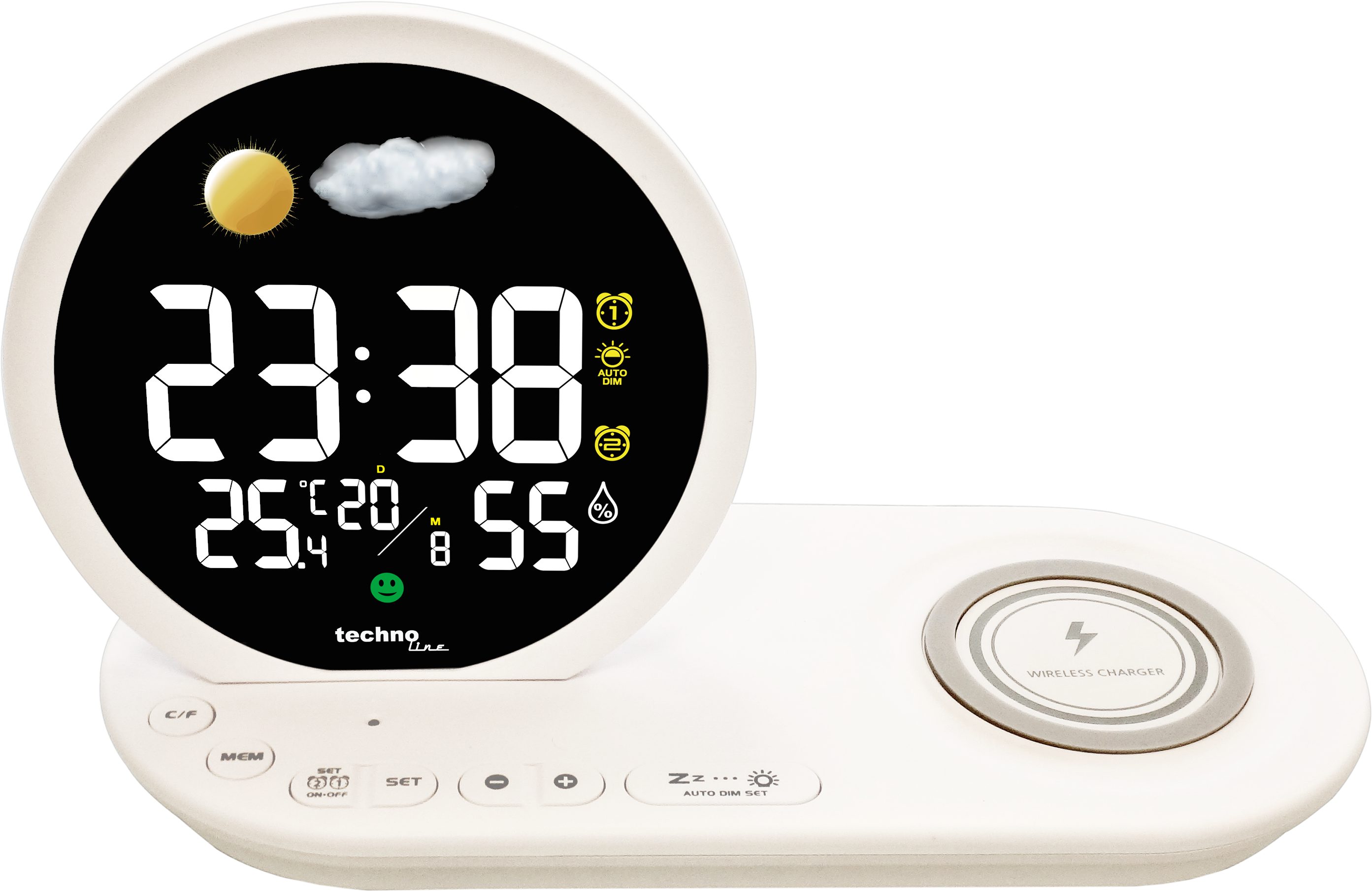 technoline Wecker WT 427 Qi Wireless Charger & USB-Laden, Wettervorhersage, 2 Alarme, Dimmbar