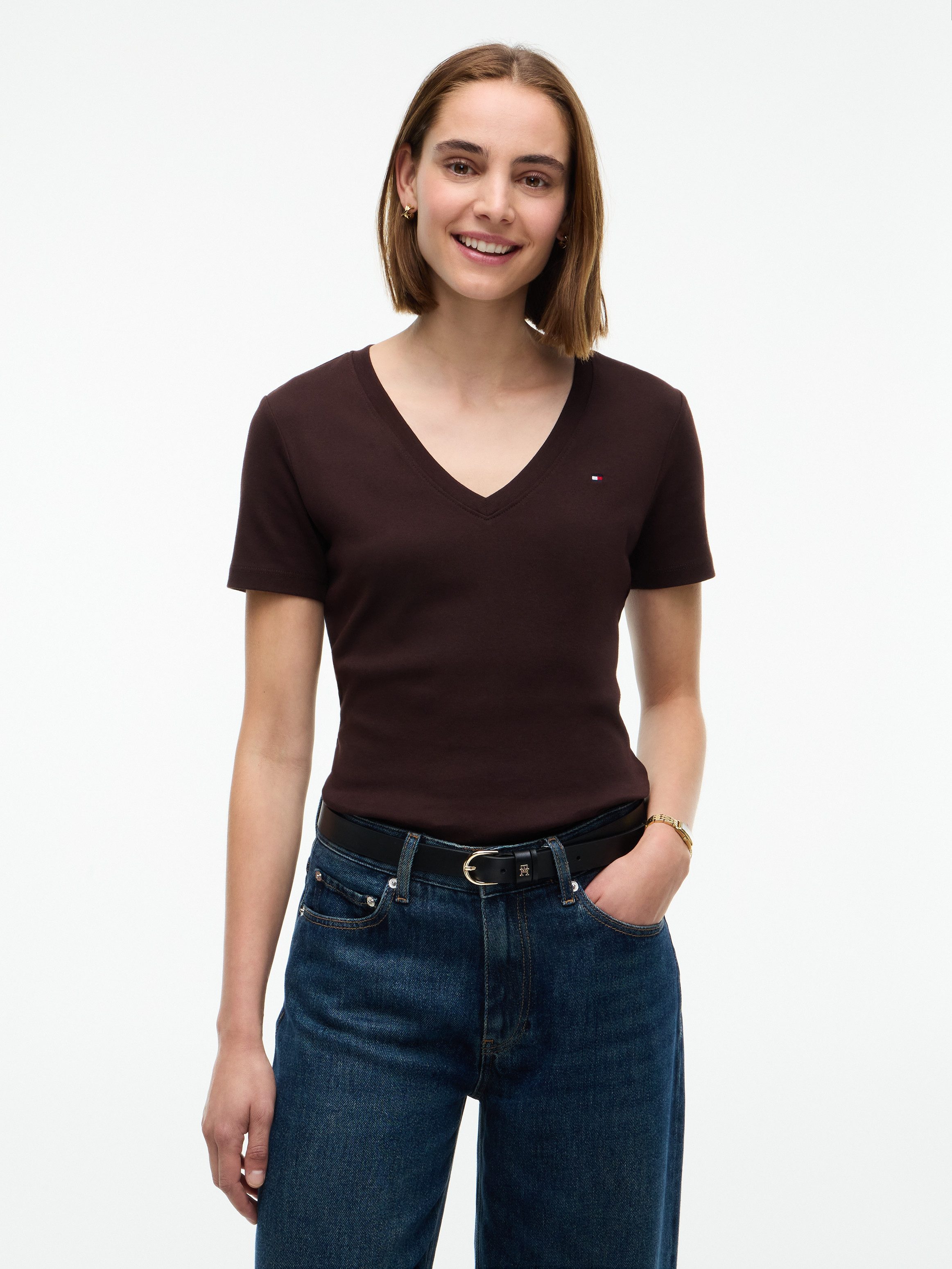 Tommy Hilfiger T-Shirt SLIM CODY V-NECK SHORT SLEEVE aus Baumwolle, Logostickerei, gestreift