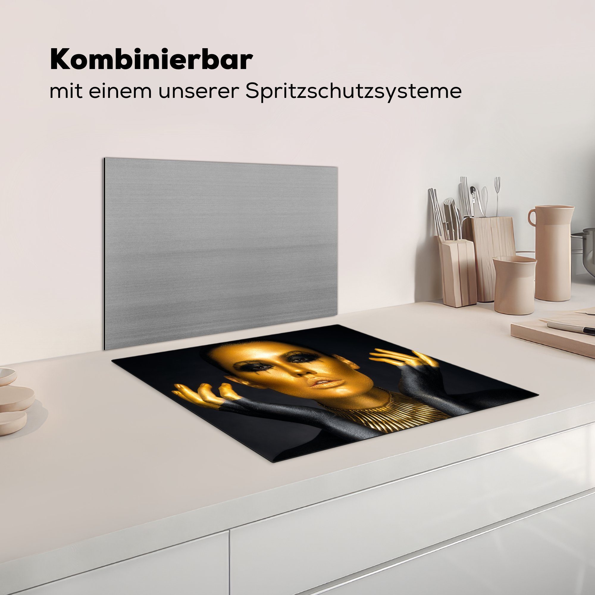 - Herdblende-/Abdeckplatte Induktionsschutz, - - Luxus Vinyl, MuchoWow Porträt Gold 57x51 Frau Ceranfeldabdeckung Schwarz, - Induktionskochfeld, (1 cm, tlg),