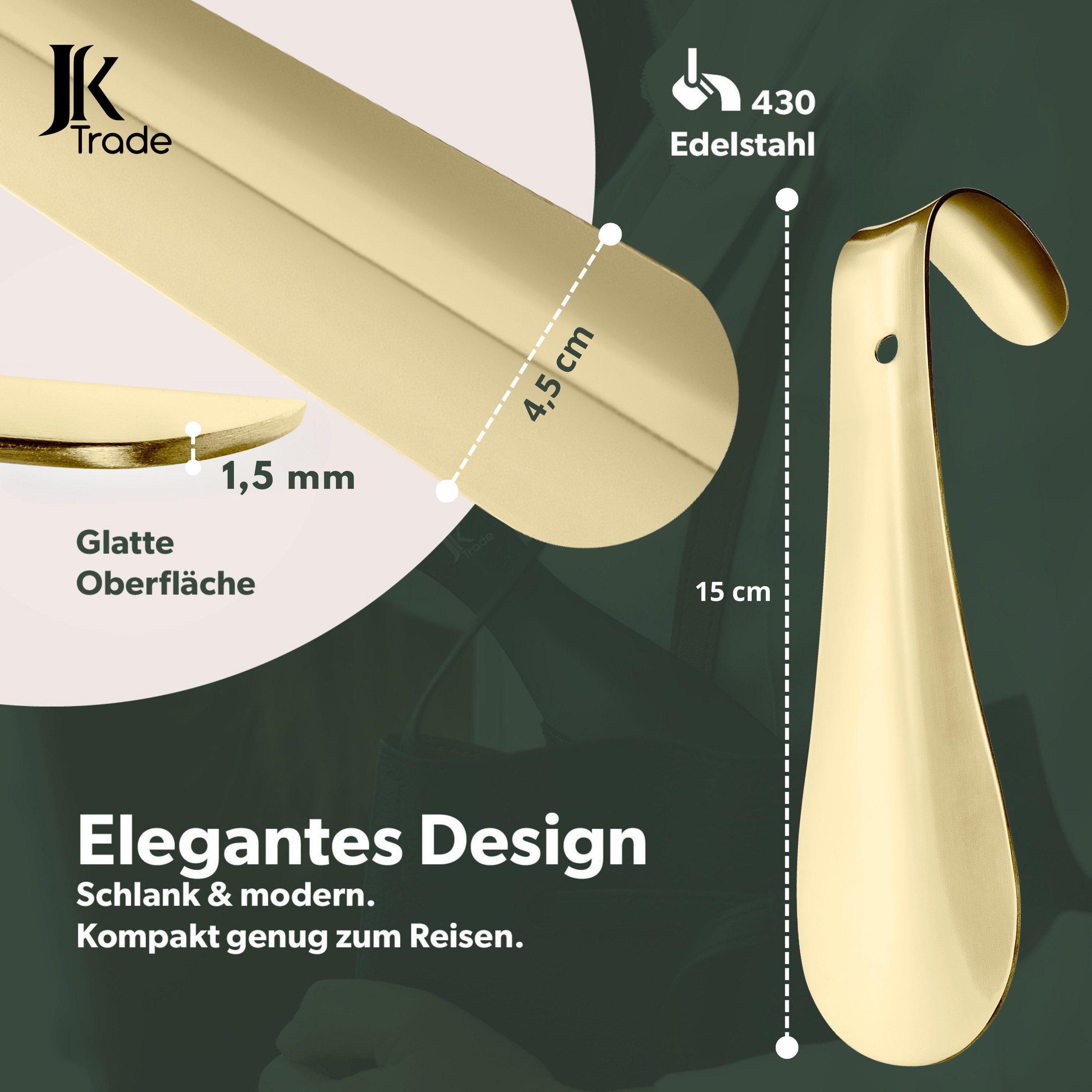 JK Trade Schuhlöffel 15cm Edelstahl Gold poliert (1-tlg., klein & stabil), ideal für Reisen – Aufhängbar & hochwertig verarbeitet