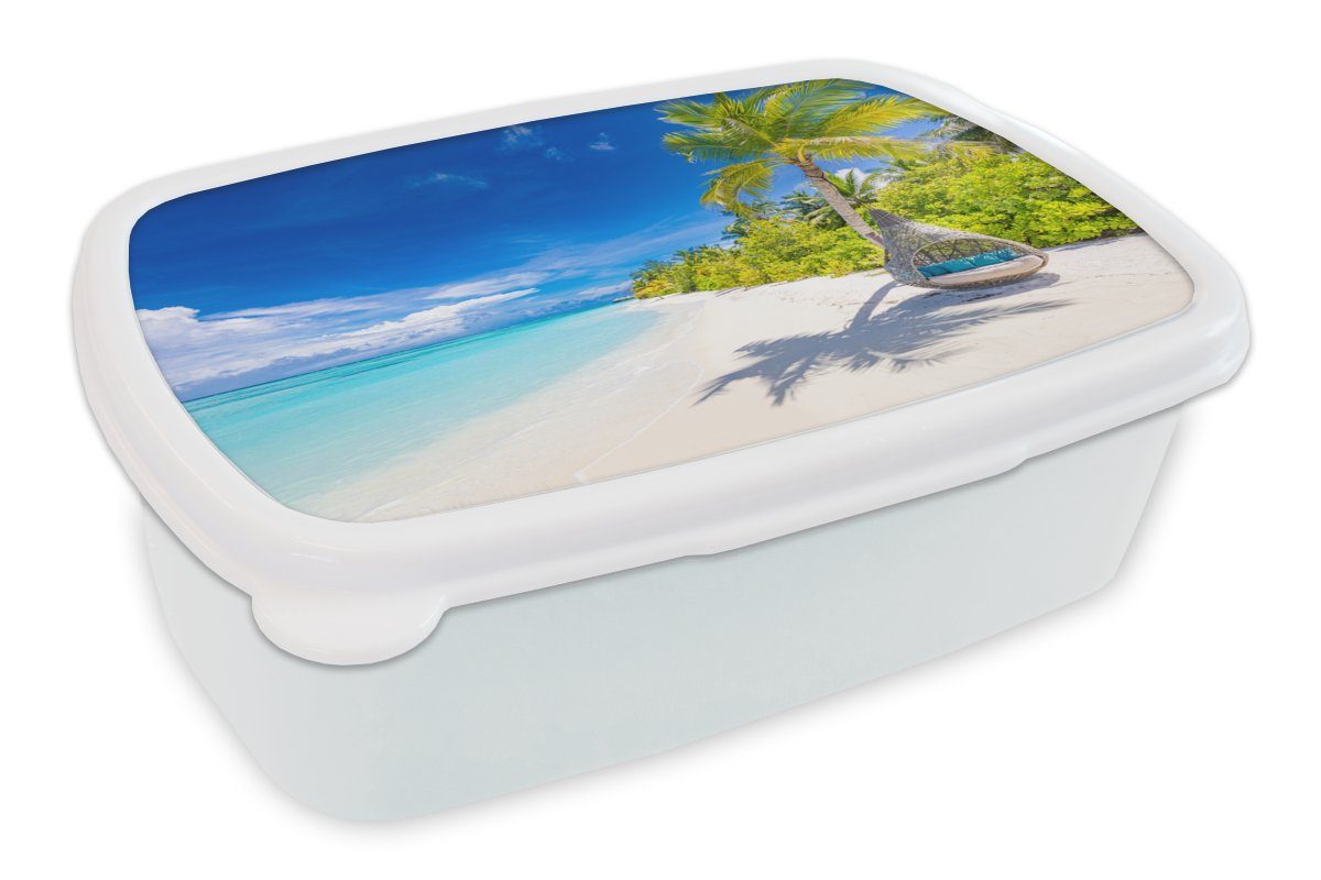 MuchoWow Lunchbox Strand - Palme - Hängesessel, Kunststoff, (2-tlg), Brotbox für Kinder und Erwachsene, Brotdose, für Jungs und Mädchen weiß