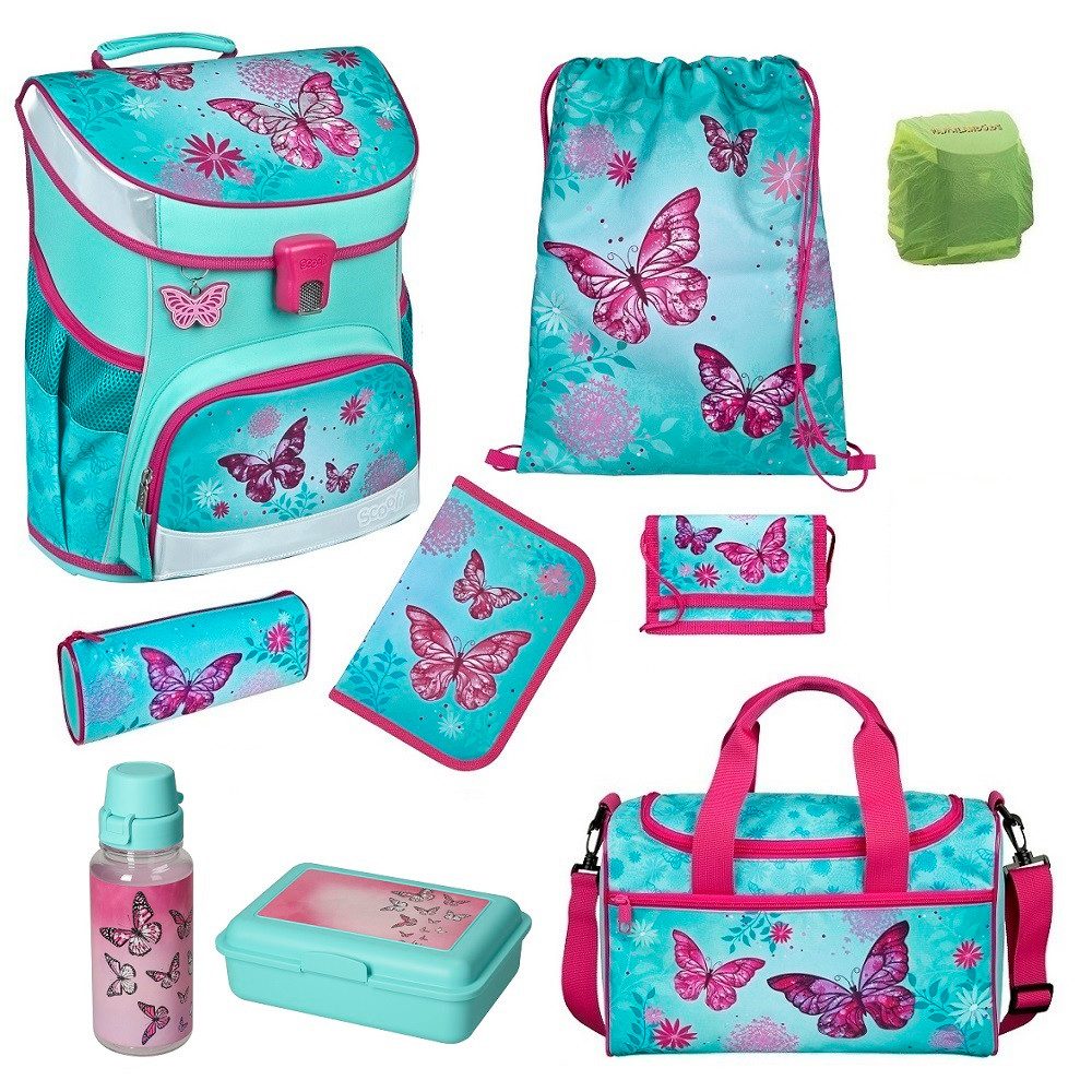 Scooli Schulranzen Campus Fit (Set, 9-tlg., inkl. Federmappe und Sporttasche), BUTTERFLY Schmetterlinge Glitzer-Druck