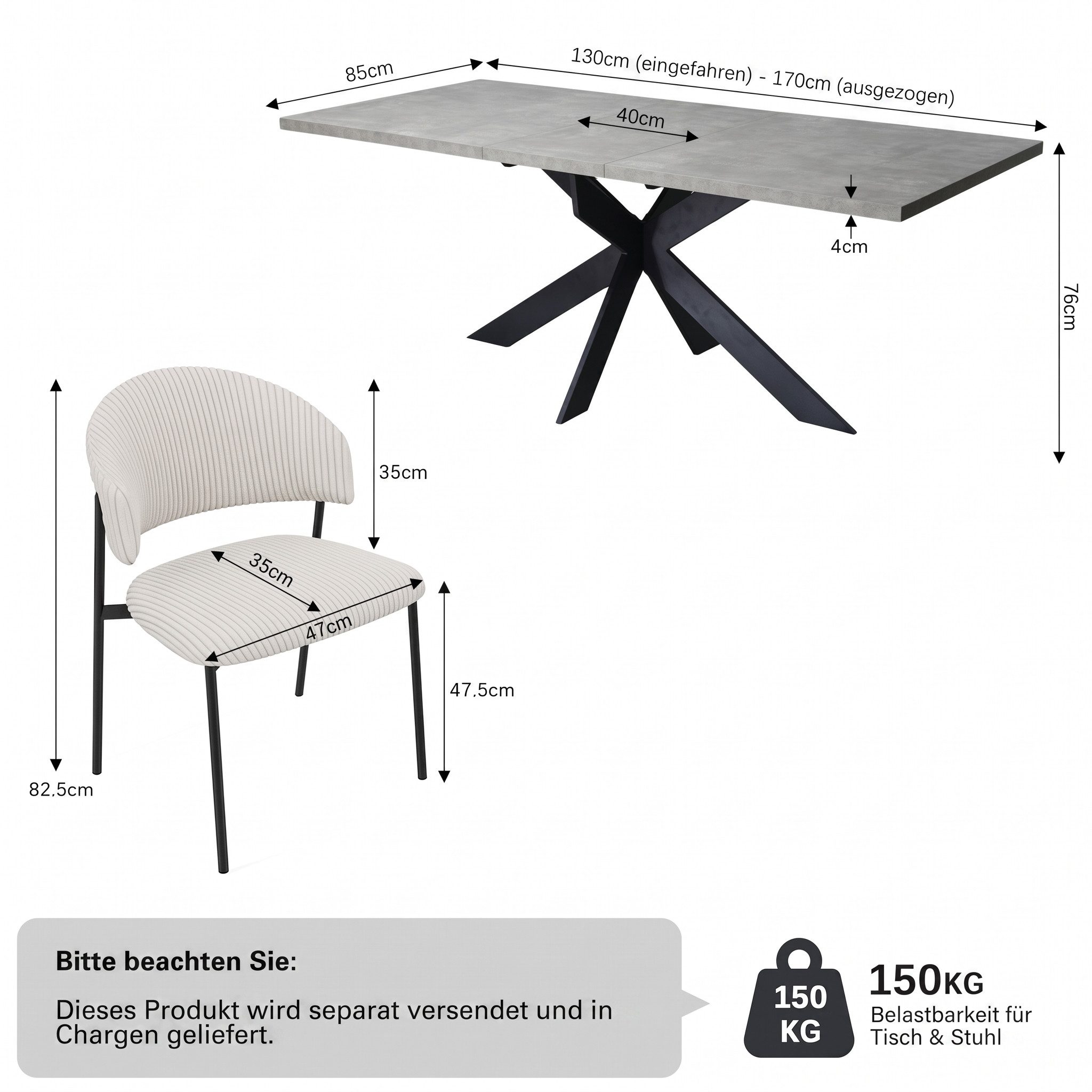 Jiexi Essgruppe Tisch-und Stuhlset, Ausziehbarer Esstisch (130–170 cm) mit 4-6 Stühlen – Bild 4 von 5