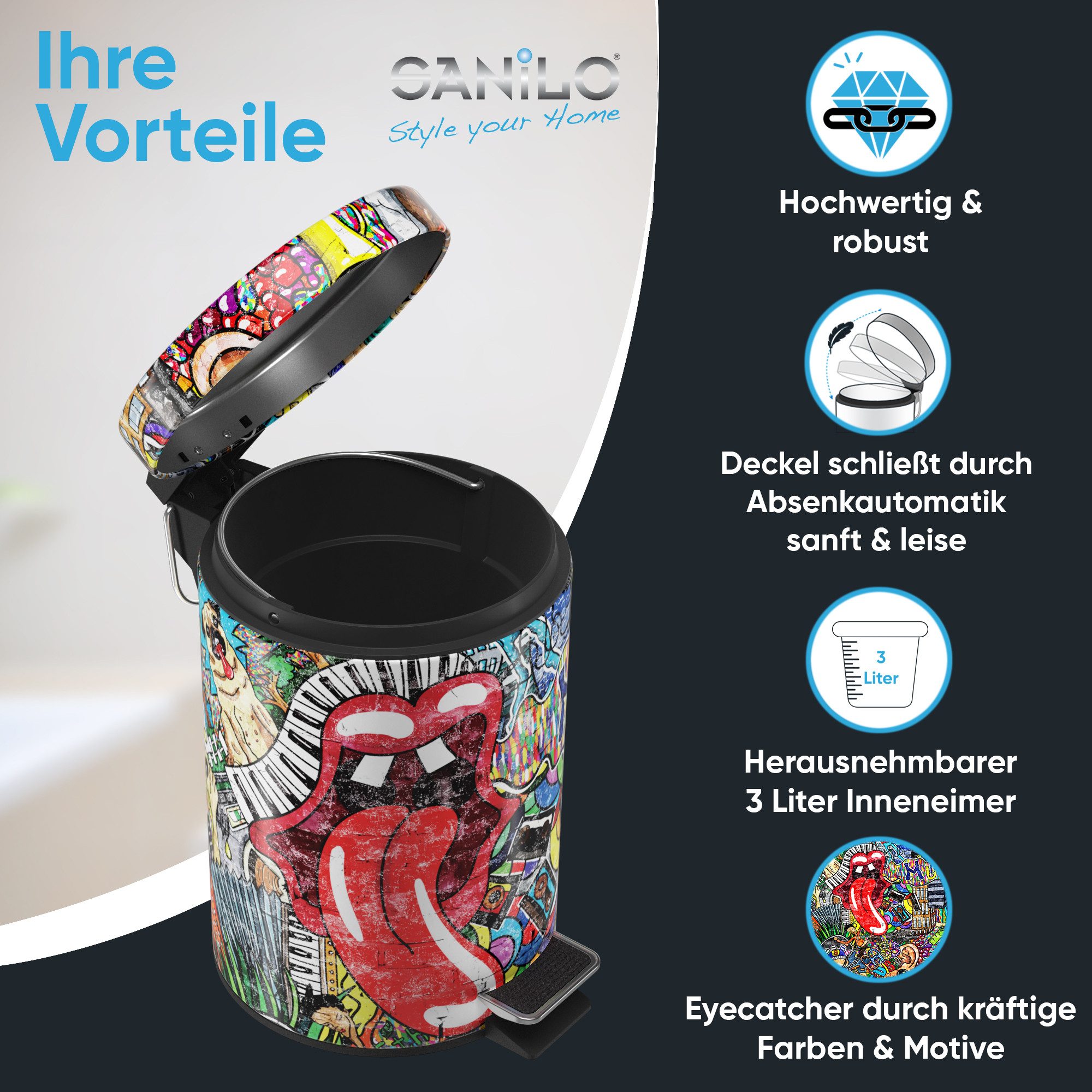 Sanilo Kosmetikeimer mit Motiv, viele schöne Bad Mülleimer zur Auswahl, 3 Liter, Abfalleimer mit Absenkautomatik & Innenbehälter