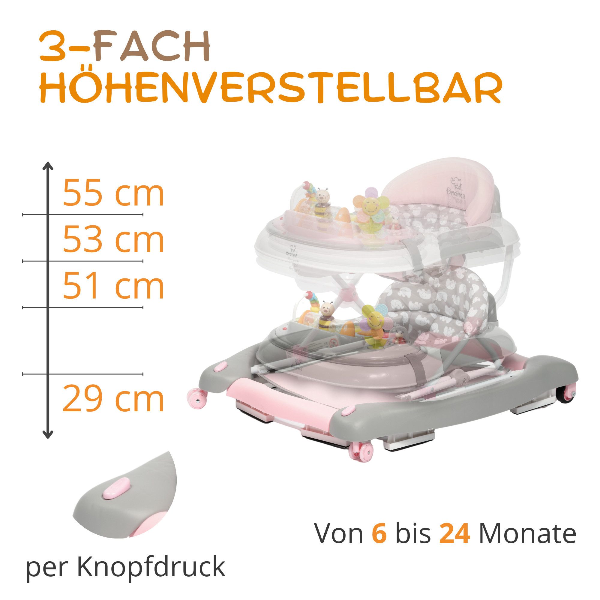 Bronea Lauflernhilfe 4-in-1 Lauflernwagen Gehfrei Baby Schaukel Lauflernhilfe Babywalker, Abnehmbares Spielpaneel - Wippfunktion - Leise gummierte Reifen
