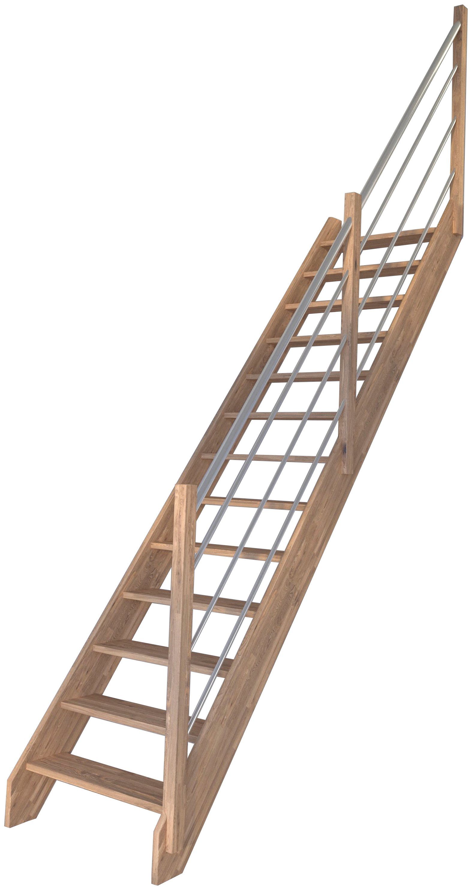 Starwood Raumspartreppe Massivholz Rhodos, Holz-Edelstahl Rechts, für Geschosshöhen bis 300 cm, Stufen offen, Durchgehende Wangenteile