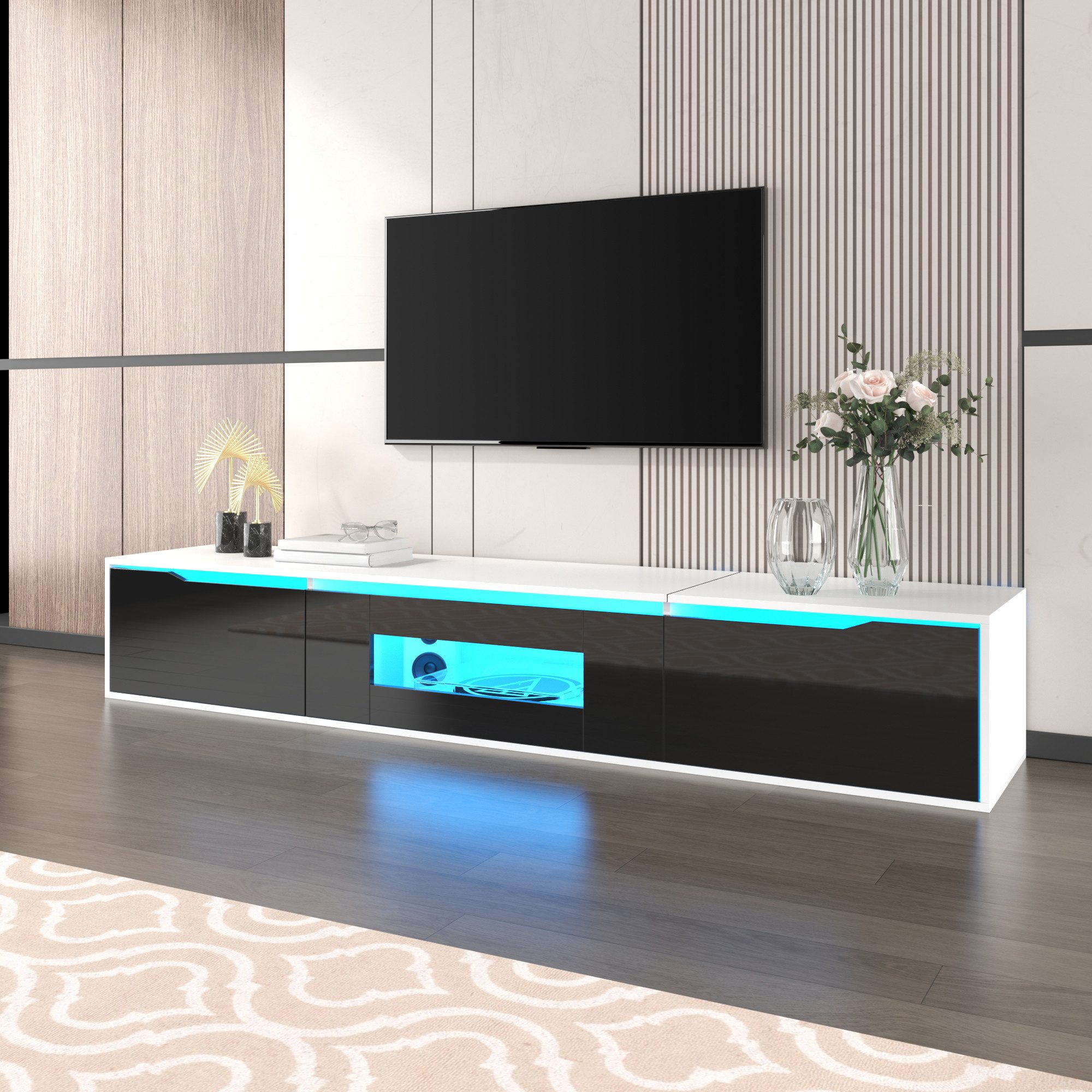 Rutaqian Lowboard Lowboard TV-Schrank mit LED, TV Lowboard Weiss Hochglanz 180 cm, Fernsehtisch mit 16 Farben und 4 Lichtmodi, Hochglanz-TV-Schrank