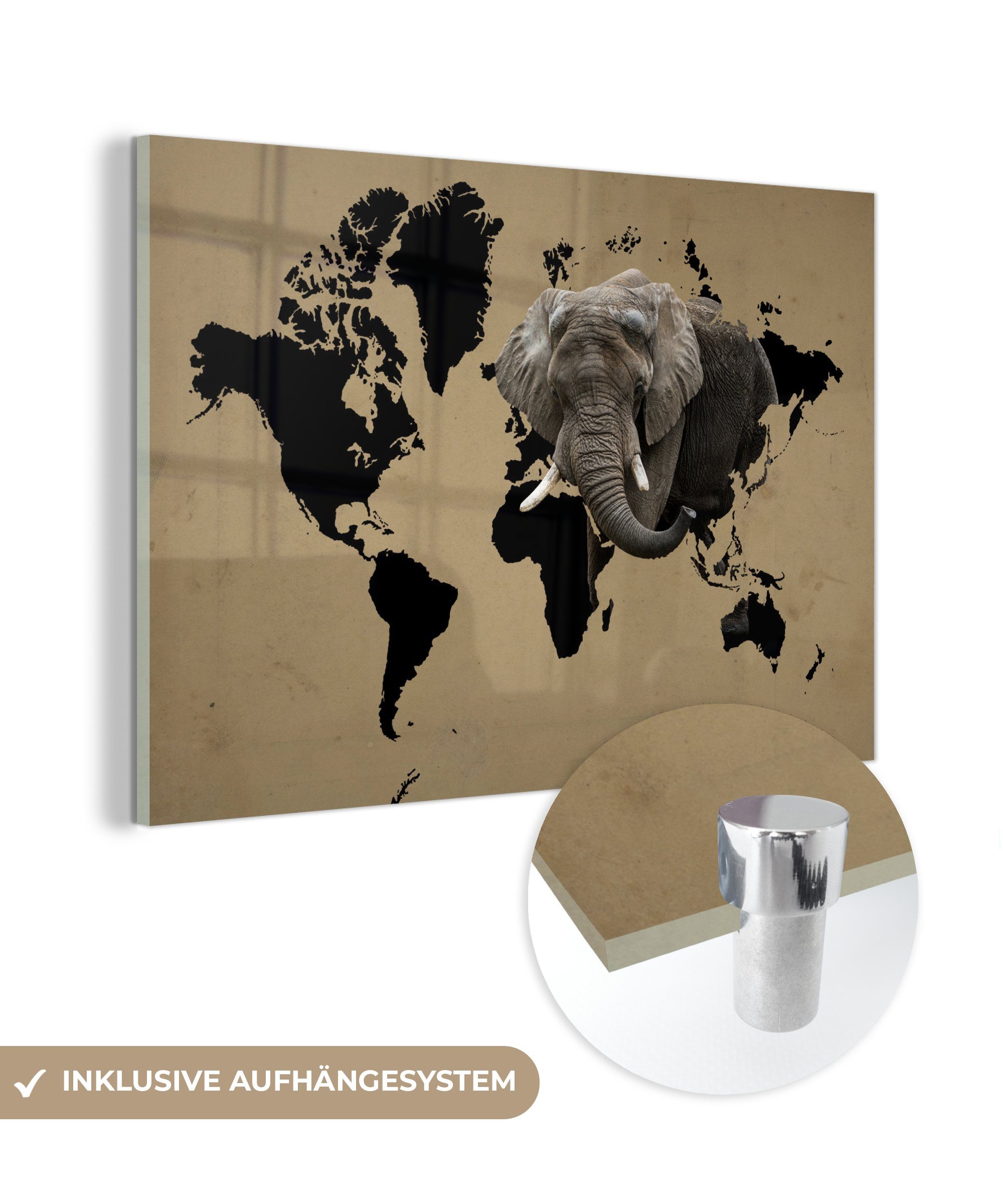 Neue Besonderheit! MuchoWow Acrylglasbild Weltkarte - - St), Glas Foto - - Elefant, Glas Bilder auf auf Wandbild (1 Wanddekoration - Schwarz Glasbilder