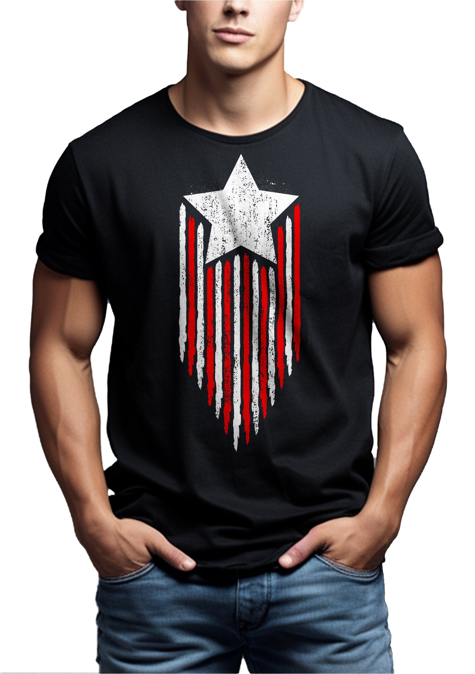 Flagge Vintage Herren Schwarz T-Shirt MAKAYA America Fahne USA American Star US Amerika Stern