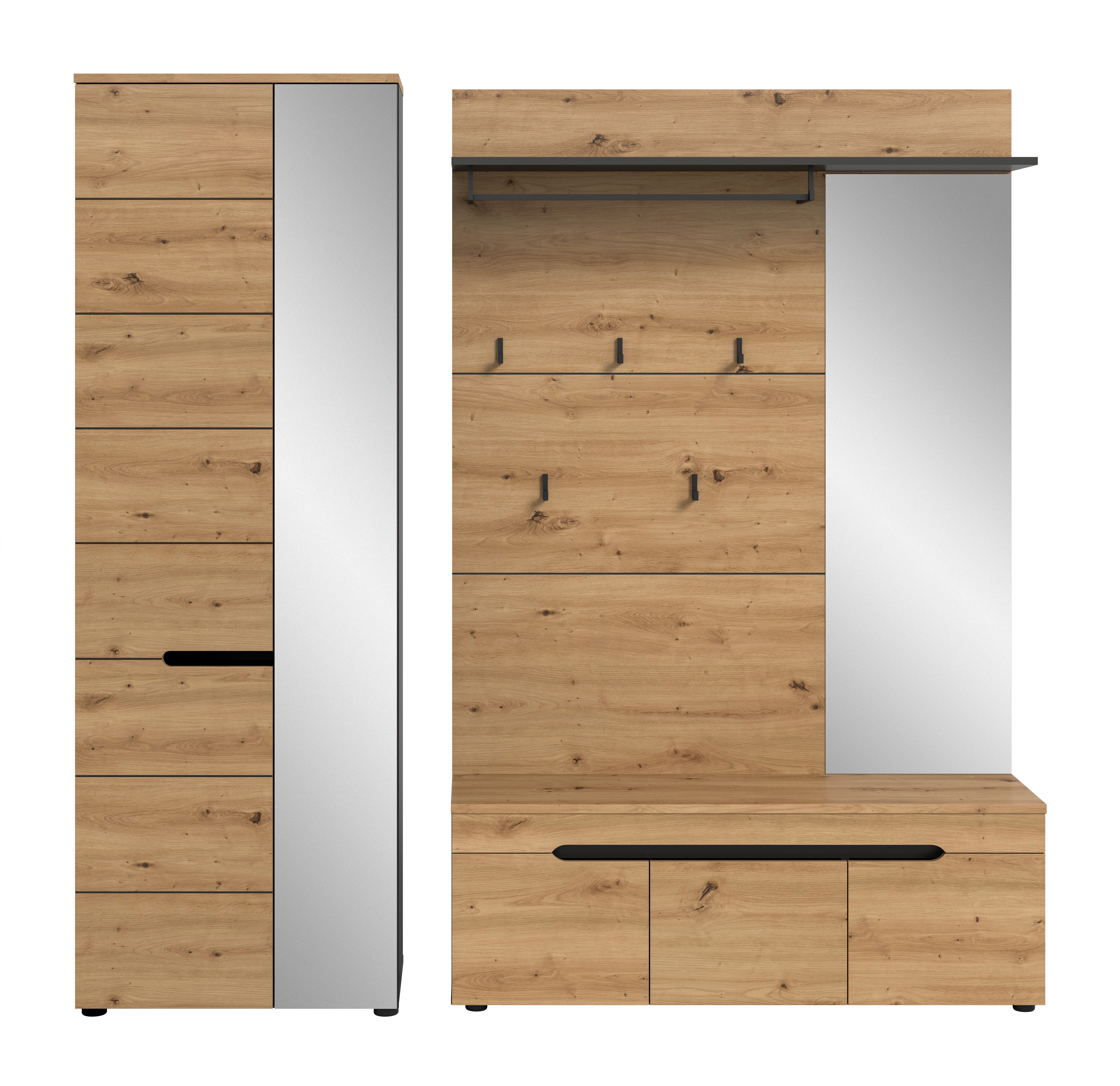furnling Garderoben-Set Cano, (3-St., Garderobenpaneel mit Spiegel, Garderobenschrank, Sitzbank), Flurmöbel, 1 Kleiderstange, 5 Haken, Soft-Close, Breite 200 cm