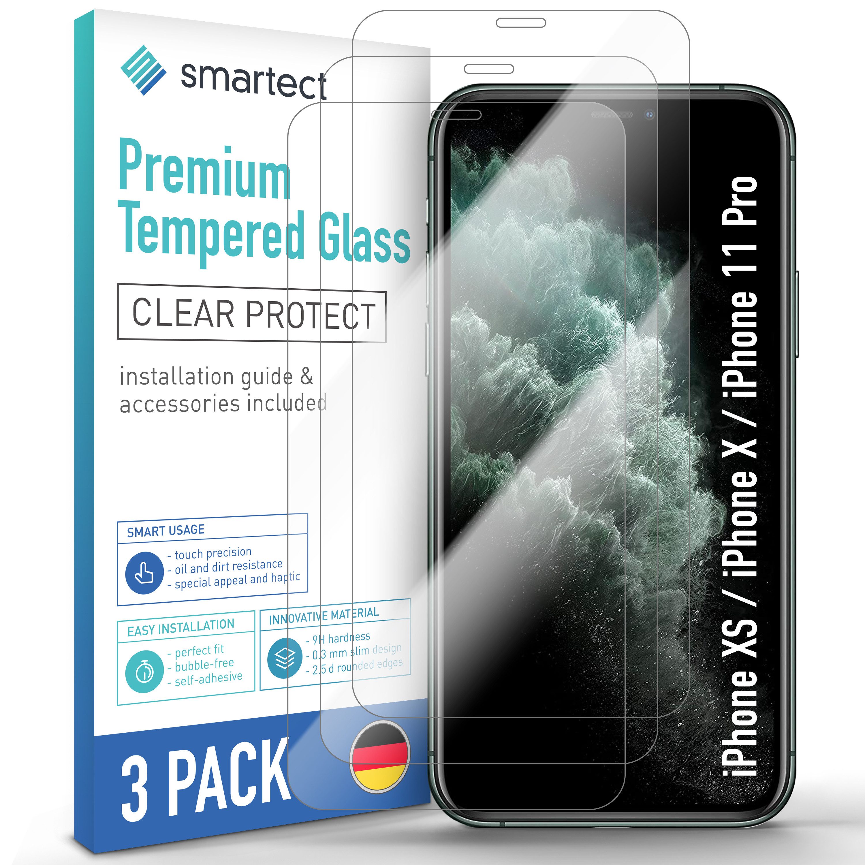 smartect Displayschutzglas Schutzglas Klar für Apple iPhone XS / iPhone X / iPhone 11 Pro, 3 St. für Apple iPhone XS / iPhone X / iPhone 11 Pro, 3 Stück, Anti-Fingerabdruck, 9H Härte, Blasenfreie Installation