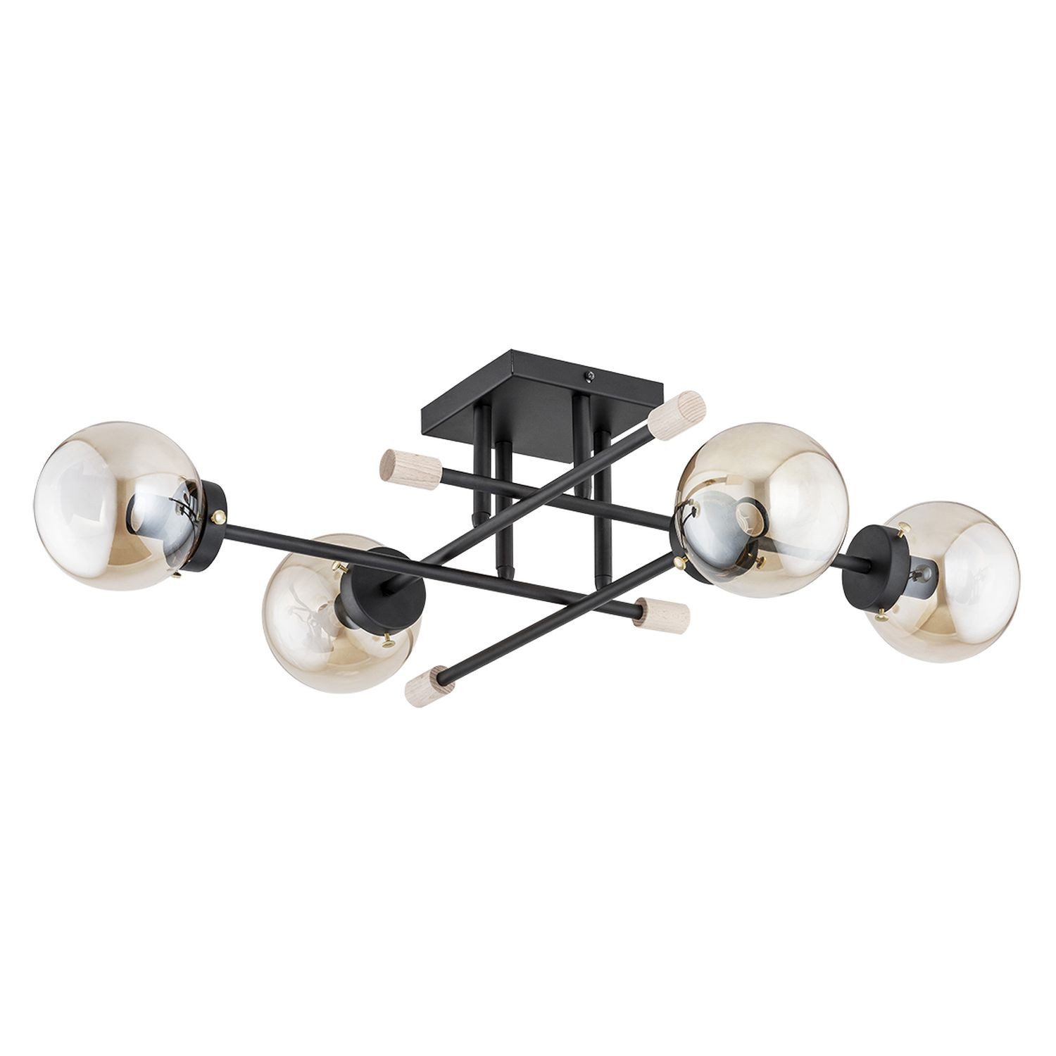 Licht-Erlebnisse Deckenleuchte LIRIA, ohne Leuchtmittel, Kugelschirm 85cm lang Metall Rauchglas Holz Schwarz Beige 4x E14 Retro