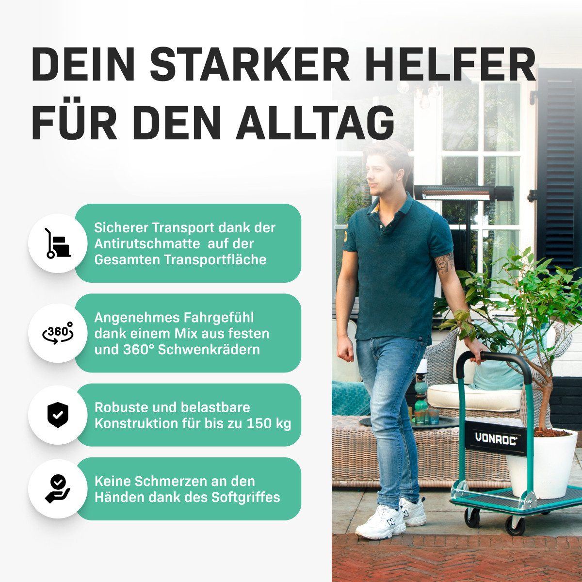 VONROC Transportwagen Plattformwagen klappbar, (150kg - 360° drehbare Gummi-Räder), Rollwagen mit Griff und Antirutsch Oberfläche