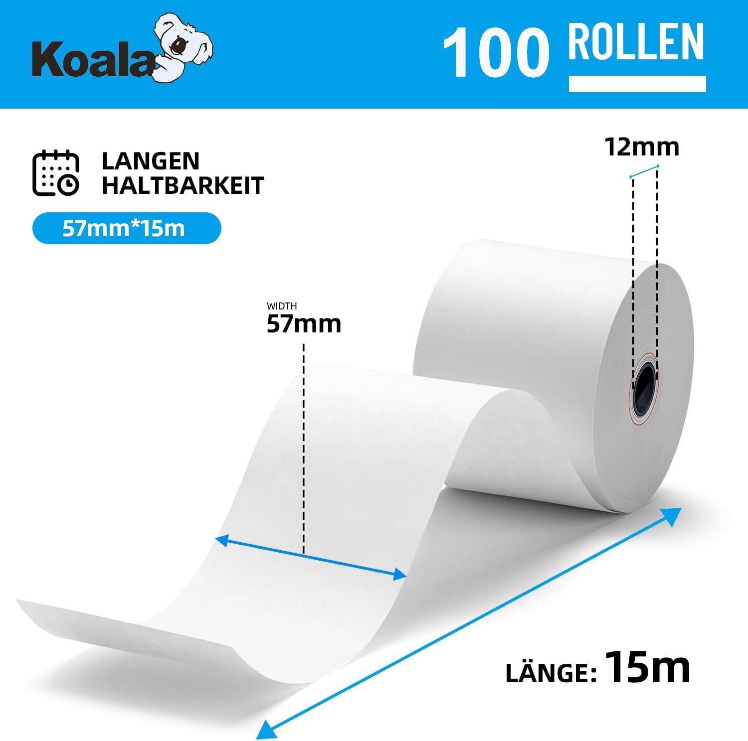 Bonrolle Thermopapier mm Drucker x Kassen, Etikettenpapier Koala für 15 57 100 Rollen