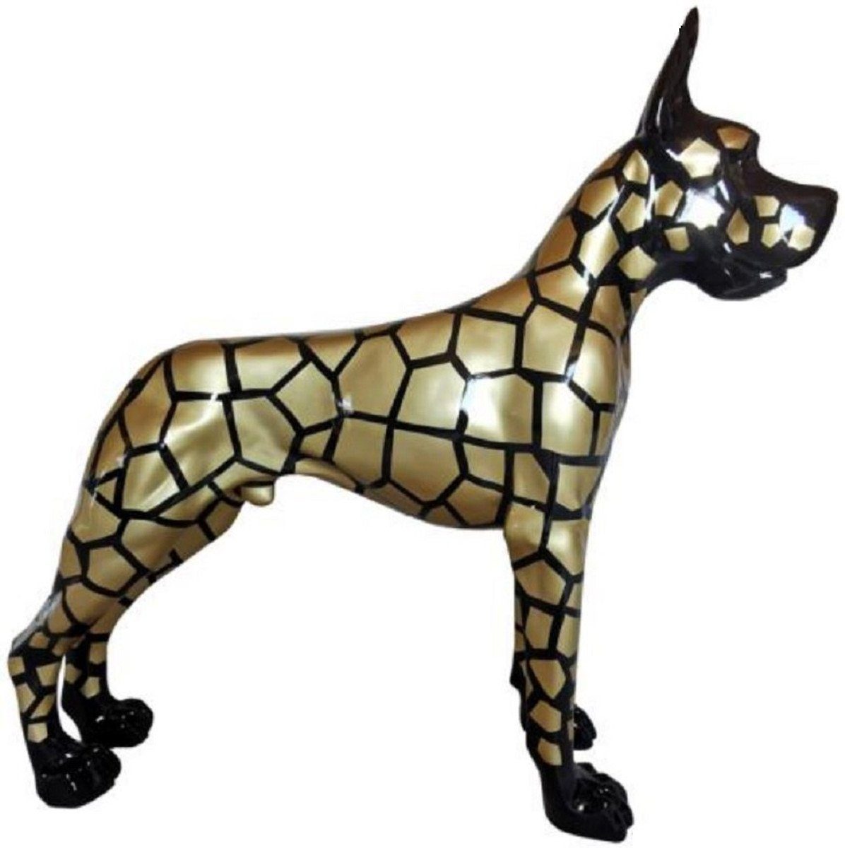 Casa Padrino Skulptur Luxus Deko Skulptur Hund Dogge Schwarz / Gold 125 x H. 110 cm - Lebensgroße Deko Figur - XXL Deko Skulptur - XXL Deko Figur - Wohnzimmer Deko - Garten Deko - Luxus Deko XXL Figuren