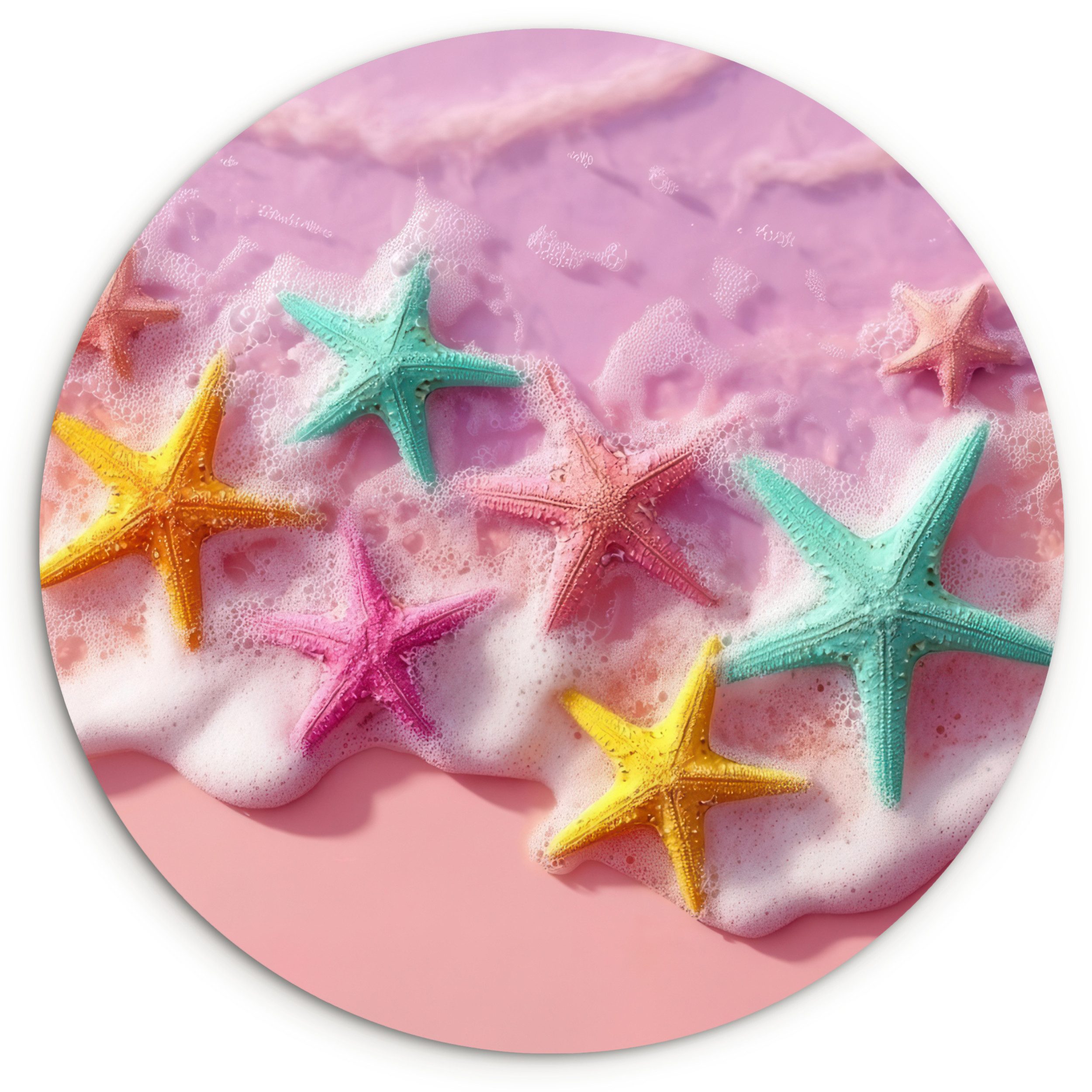MuchoWow Gemälde Seestern - Strand - Wellen, Fotodruck (1 St), Kreis Wanddekoration, Rundes Wandbild, 30x30 cm