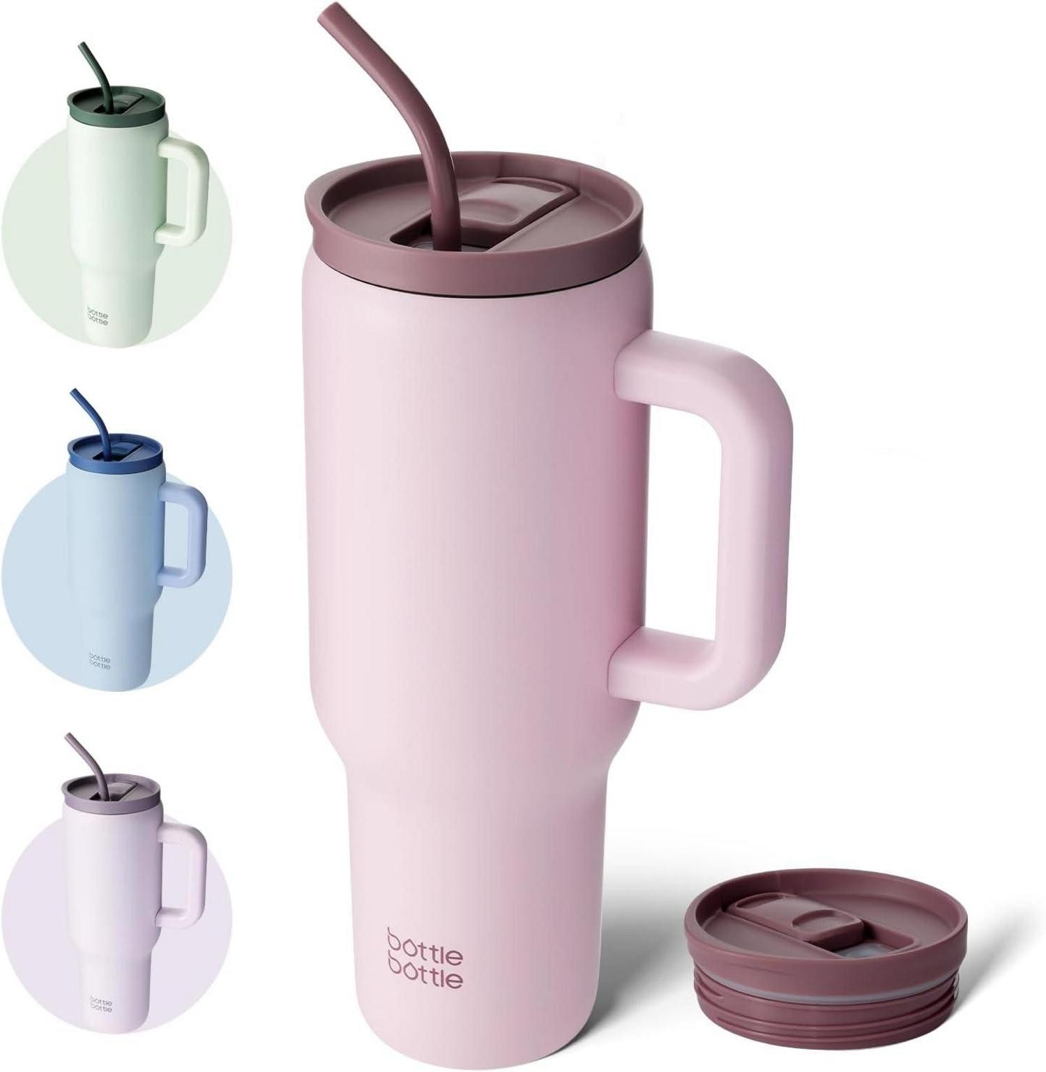 LuxusKollektion Thermobecher Rosa Edelstahl Kaffeebecher 40oz mit Griff und Strohhalm