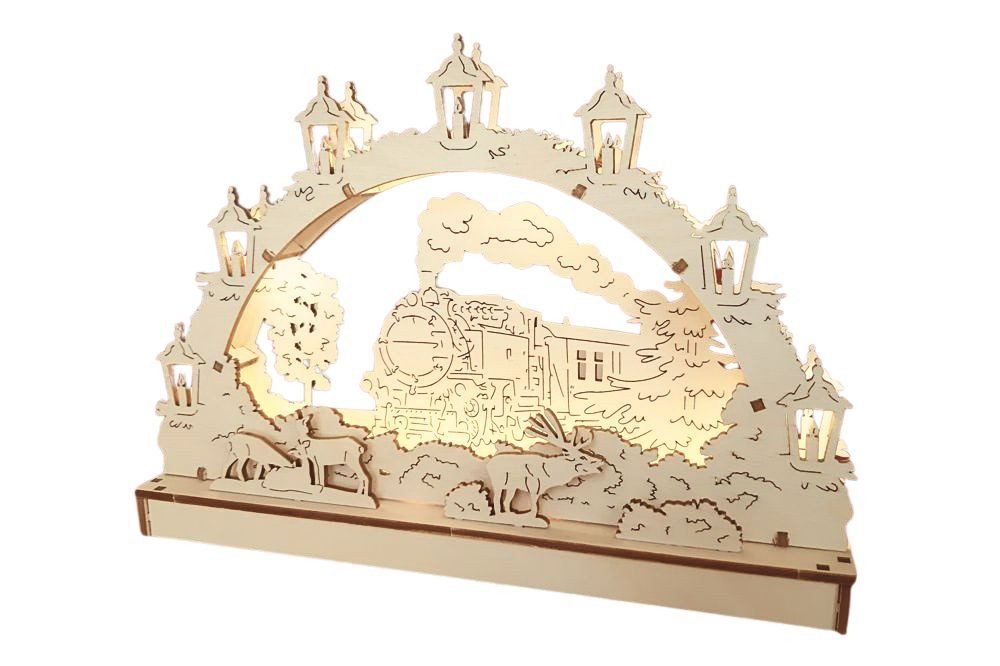 DeColibri LED Schwibbogen DIY Bausatz 3D LED Schwibbogen - Dampfeisenbahn Dampflok, Batterie, Holzkunst aus Sachsen, beleuchtet