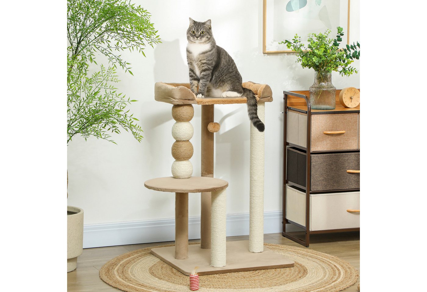 PawHut Kratzbaum Katzenbaum mit Spielball, Katzenkratzbaum, Jute-Kratzsäulen, für Katzen bis 7 kg, Kaffee