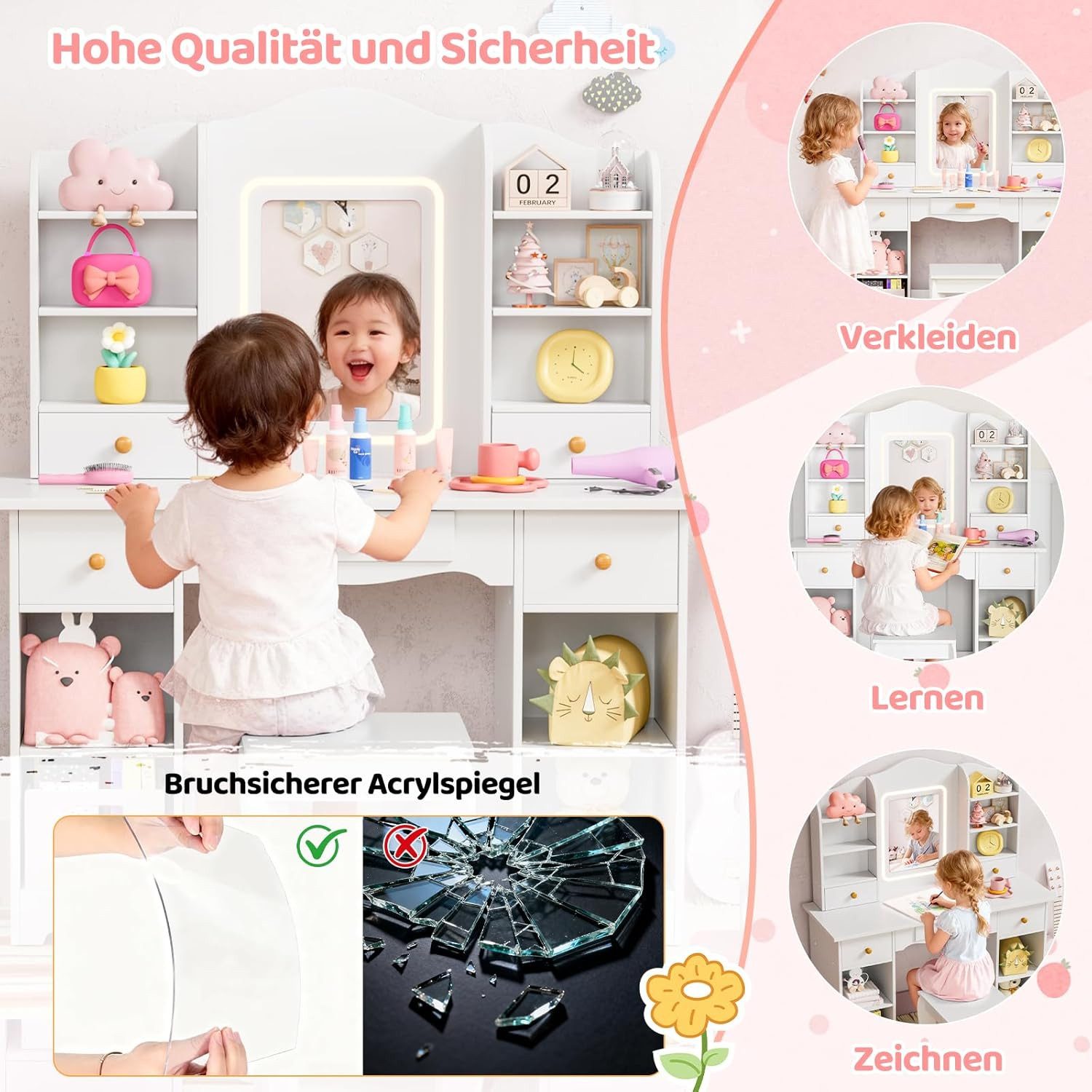TLGREEN Schminktisch LED-beleuchteter Schminktisch für Mädchen mit Spiegel (Kinderschminktisch, 95cm großer Stauraum Schreibtisch Kinder, 5 Schubladen Spieltisc – Bild 5 von 5