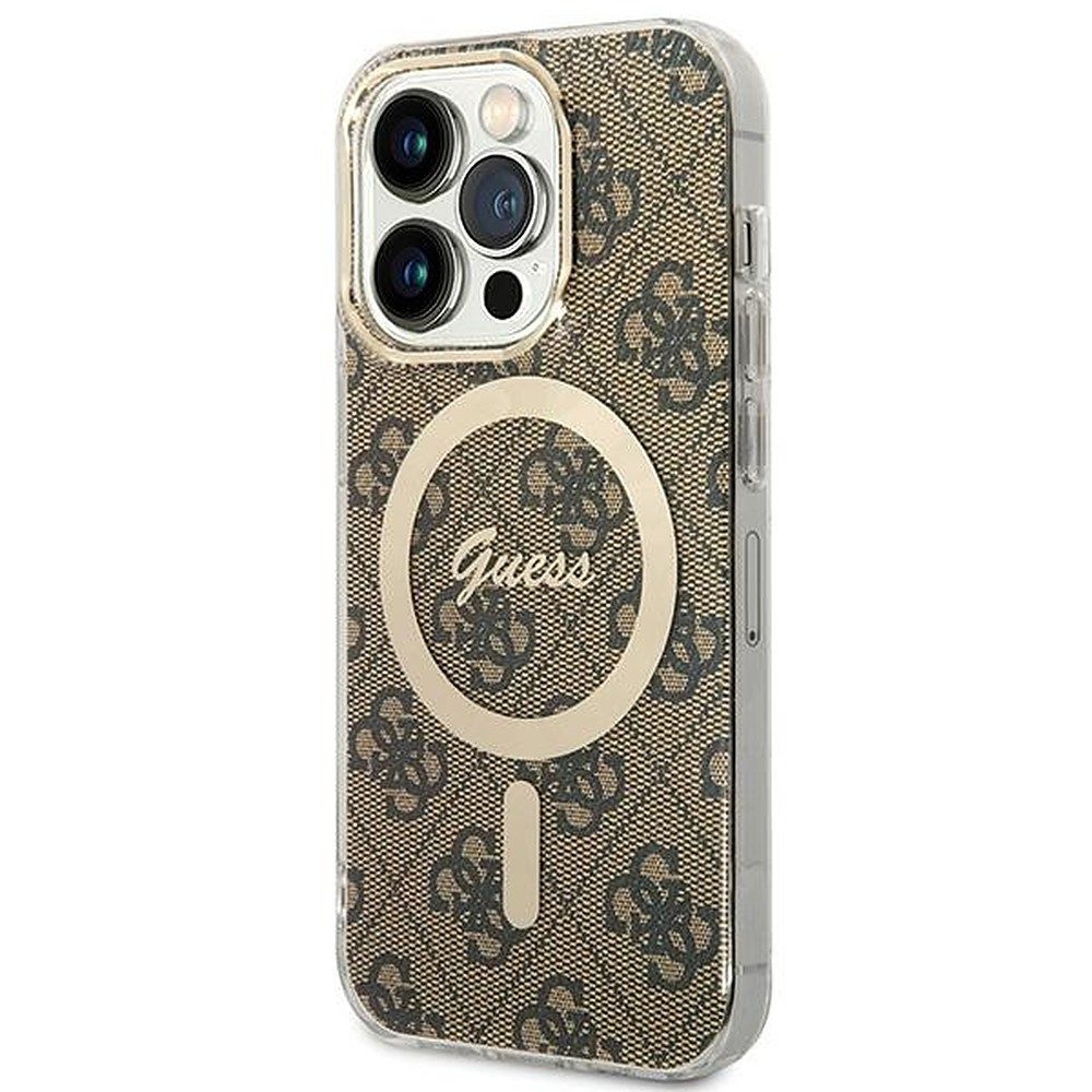 Guess Handyhülle Schutzhülle Magnethülle Smartphoneschale 6,1 Zoll, MagSafe, 4G-Muster, goldfarbene Details