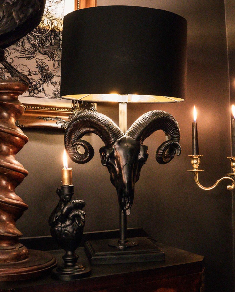 Horror-Shop Dekofigur Schwarze Widder Totenkopf Tischlampe mit Lampensch