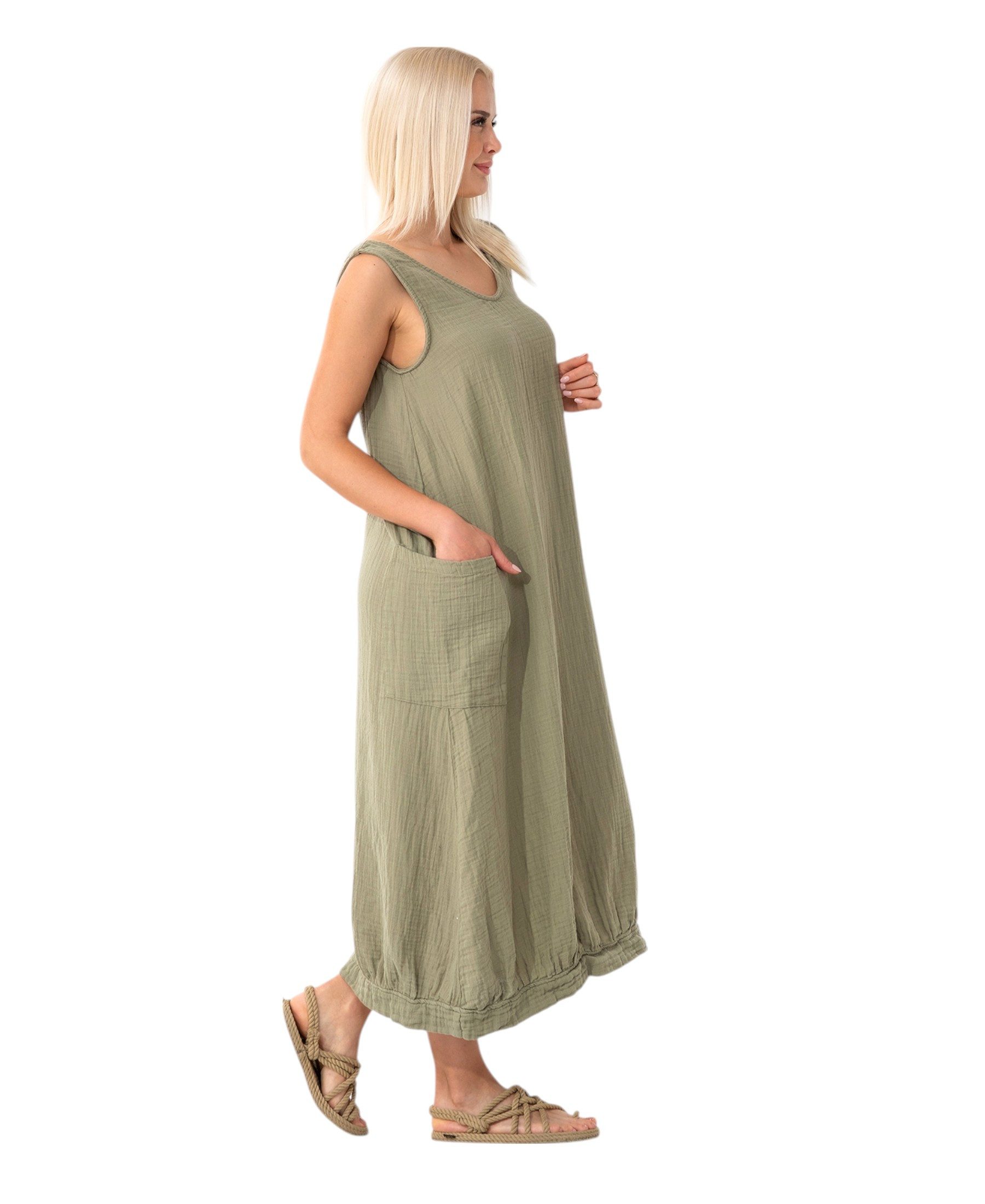 WENOR Sommerkleid Damen Musselin Strandkleid ärmellos 100 % Baumwolle mit Taschen Ballon-Saum, große Taschen, Einheitsgröße