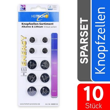 HEITECH 10er Pack Alkaline & Lithium Knopfzellen - 1,5V & 3V - auslaufsicher Knopfzelle, (10 St)