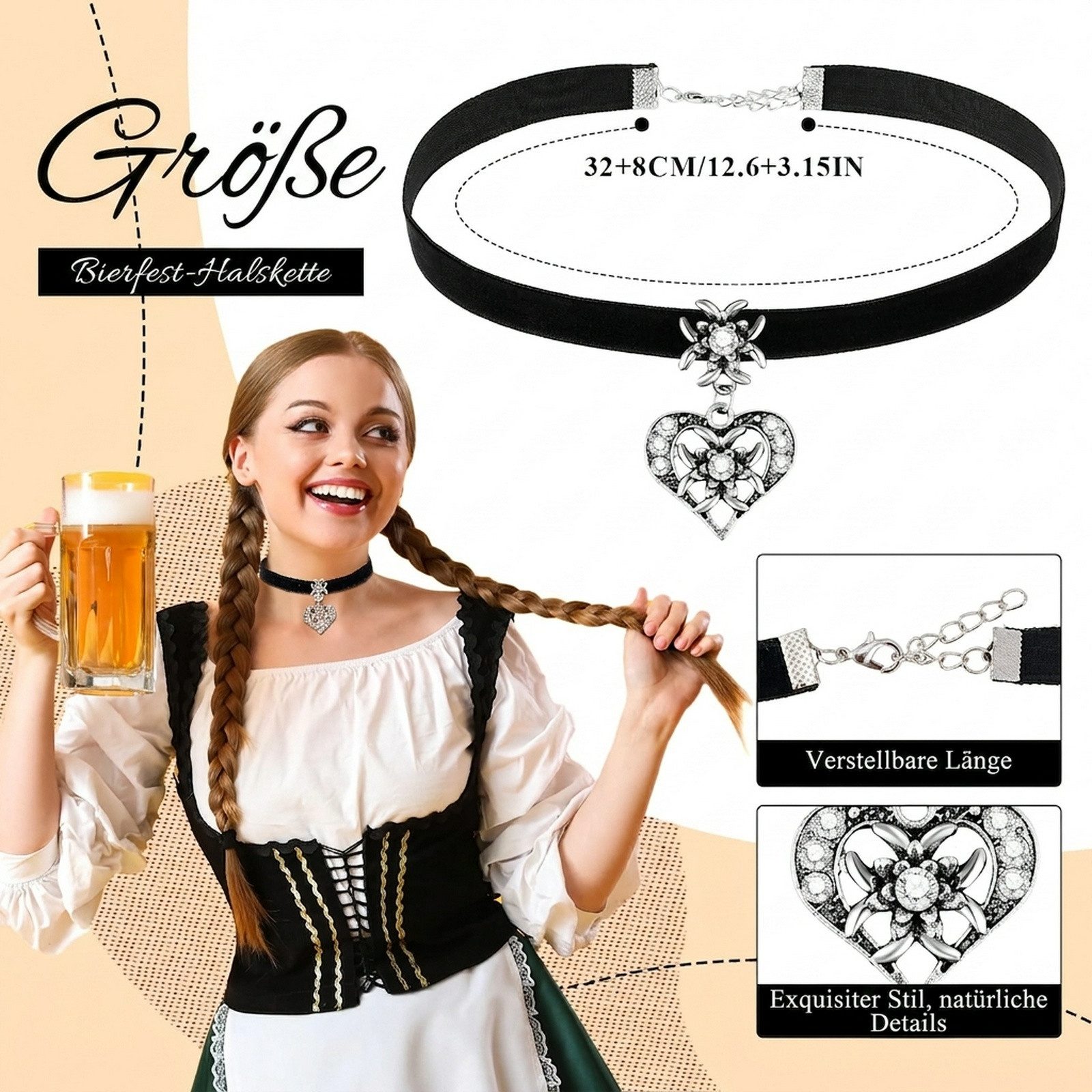 nsihing Ketten-Set Trachtenschmuck mit Anhänger Trachtenkette, Edelweiss,Dirndl-Schmuck, Schmuckset für Damen zum Oktoberfest, Bierfest und Trachtenfest – Bild 3 von 5