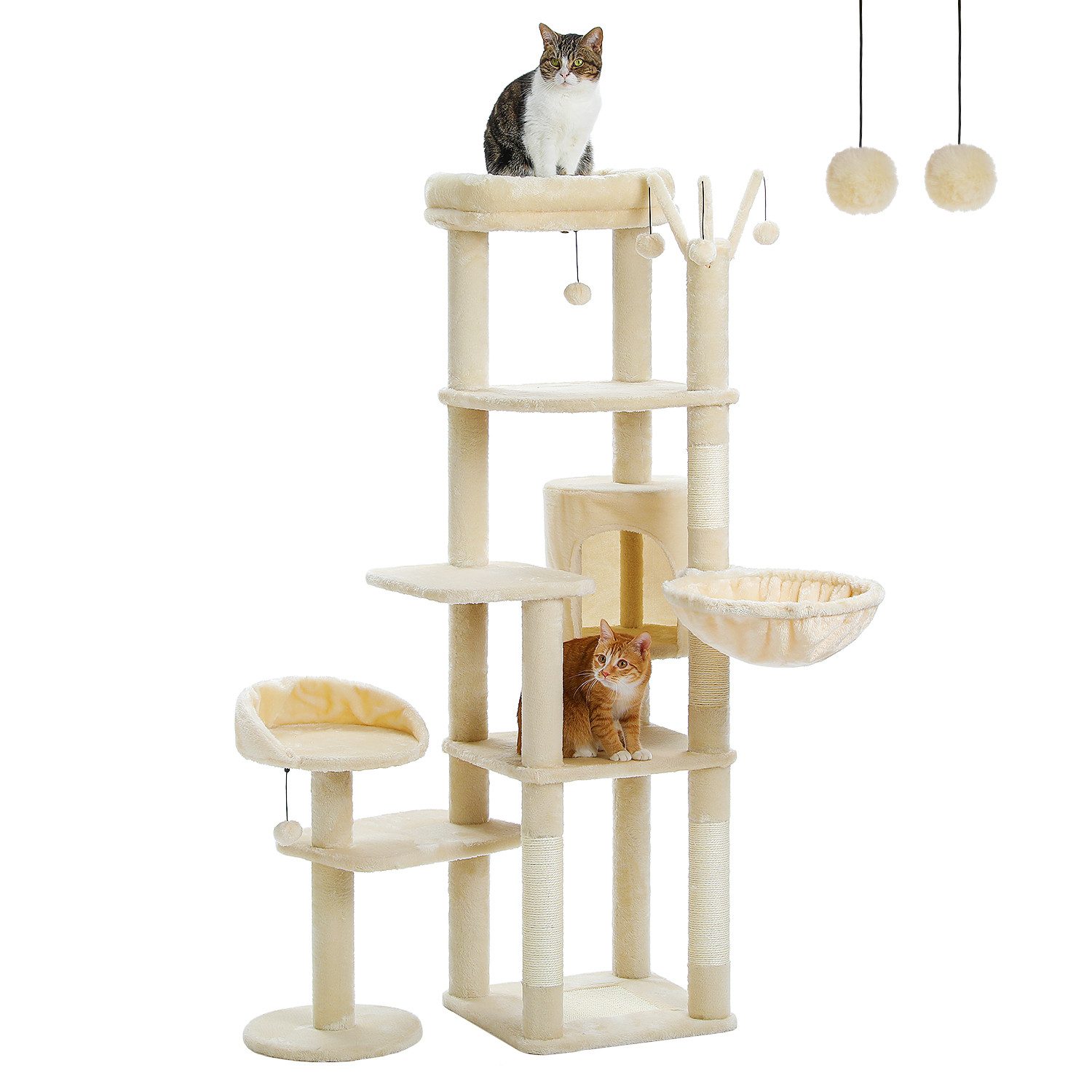 PAWZ Road Kratzbaum Kratzbaum deckenhoch Katzenturm einstellbare Höhe 216cm-285cm, 5 Tiers Plattformen mit gemütlichen Hängematte und Dangling Balls