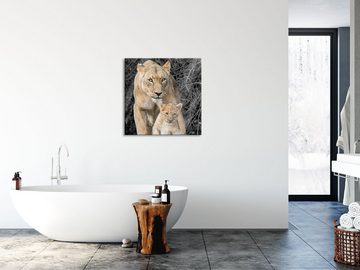 Pixxprint Glasbild schöne Löwin mit süßem Jungtier, schöne Löwin mit süßem Jungtier (1 St), Glasbild aus Echtglas, inkl. Aufhängungen und Abstandshalter