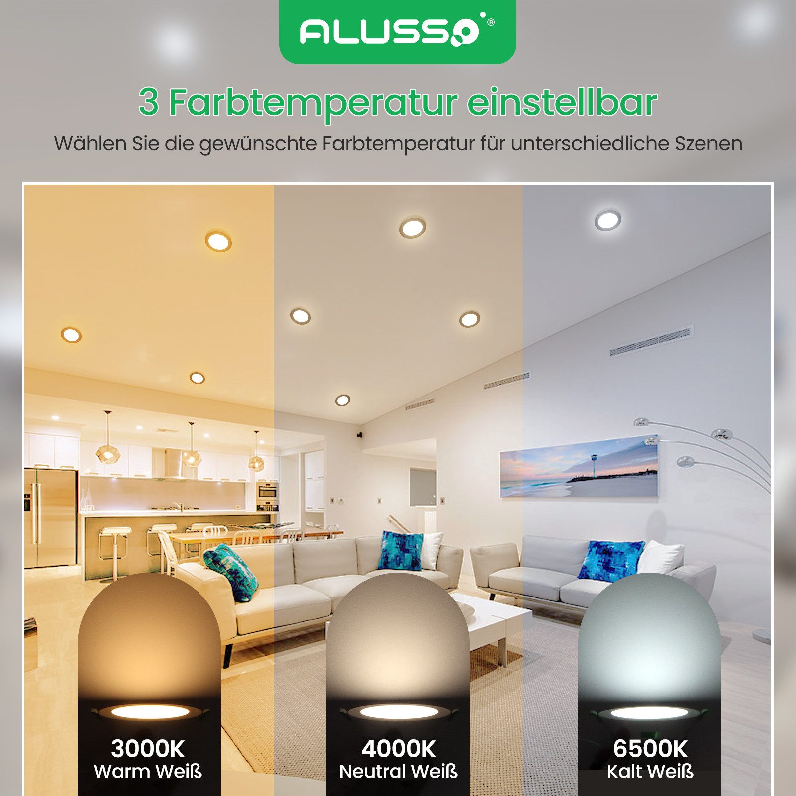 ALUSSO LED Einbaustrahler 6er-Set, Decken Leuchte, Flach Strahler für Bad, Wohnzimmer, 230V, 4W, 55-68 mm, Rund, Schwarz