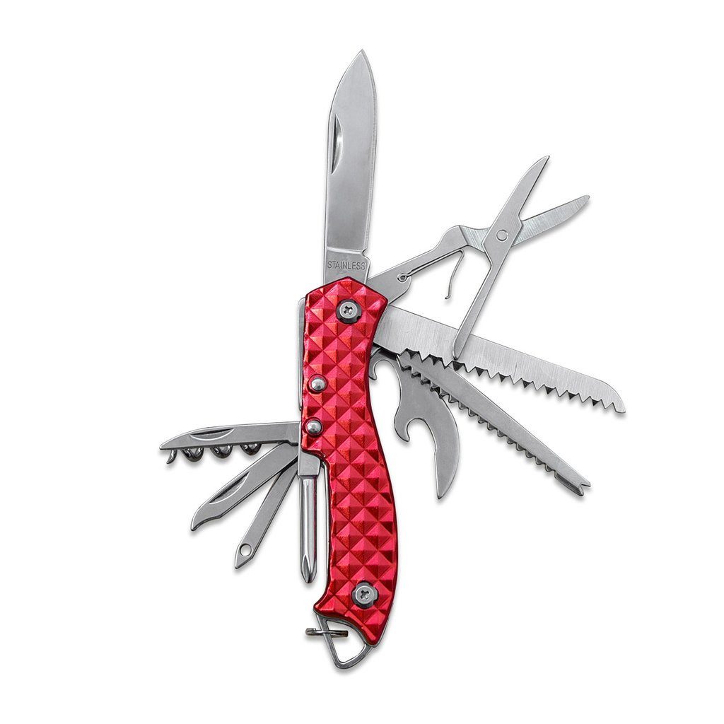 Munkees Universalmesser Taschenmesser Metall 14 Funktionen mit Aluminiumgriff, rot, (Einzelartikel, 1 St), 14 Funktionen, Metallgehäuse, Aluminiumgriff