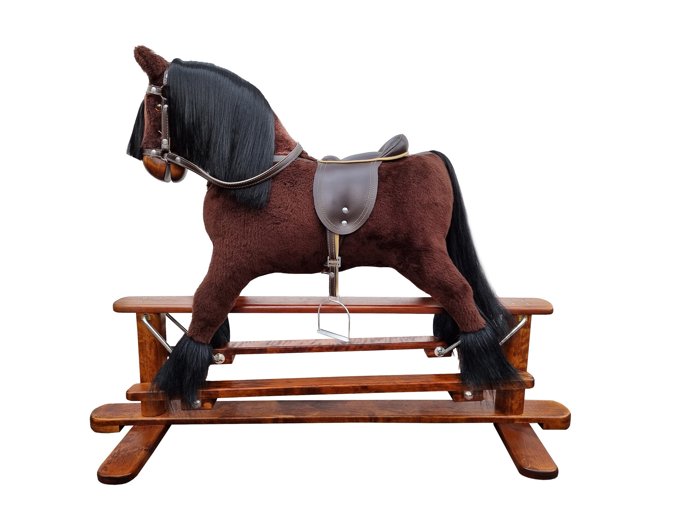ERST-HOLZ Reitpferd Klassisches braunes Schaukelpferd mit Wippgestell, 96-116 - Schaukelpferd- Zaumzeug - Sattel und Steigbügel