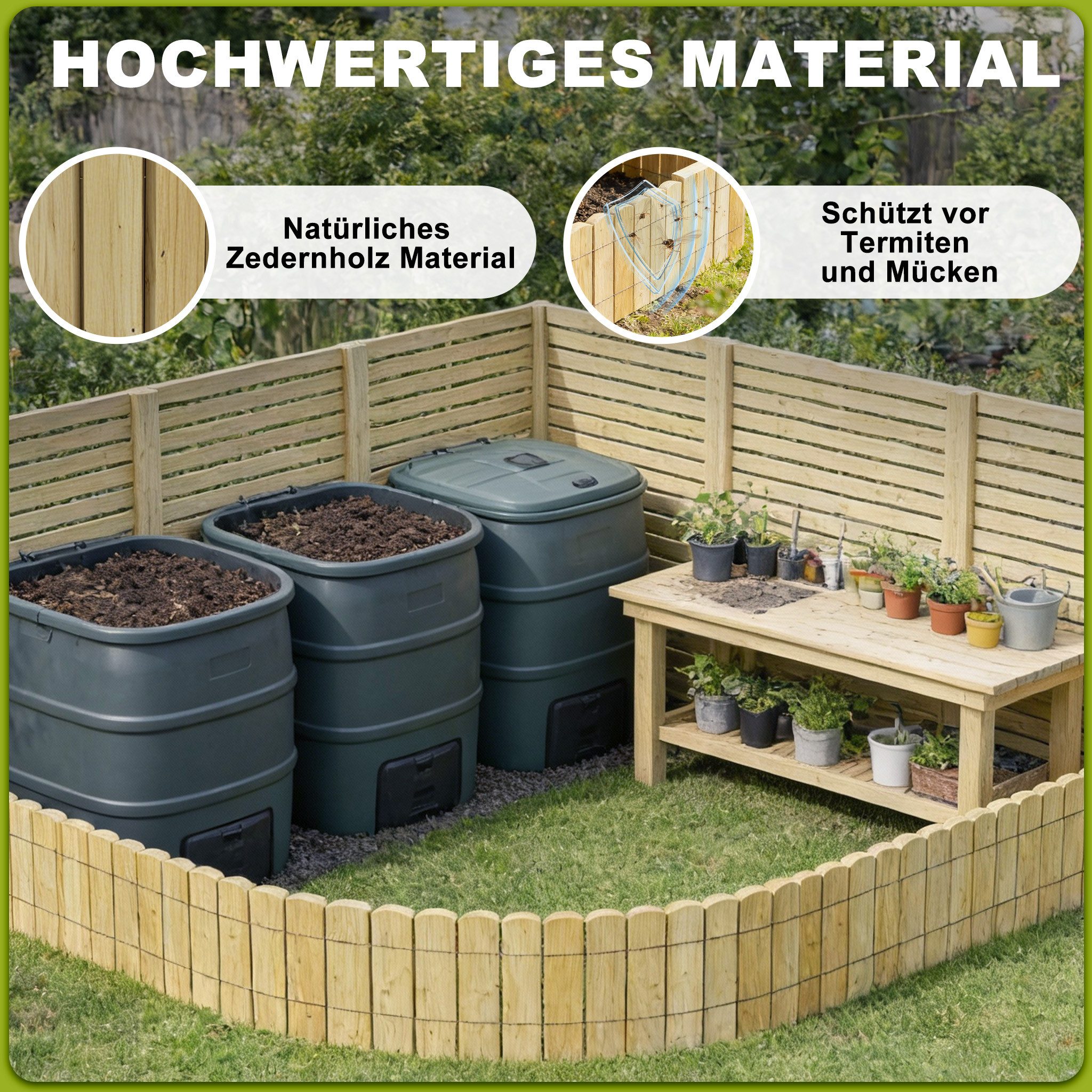 FIVMEN Holzzaun Flexibler Rasenkanten Beeteinfassung Beetumrandung in Holz Gartenzaun, (10/20/30/40 cm Hoch), Rollboarder Rasenbleche 200 cm Länge Anthrazit/Holzfarbe