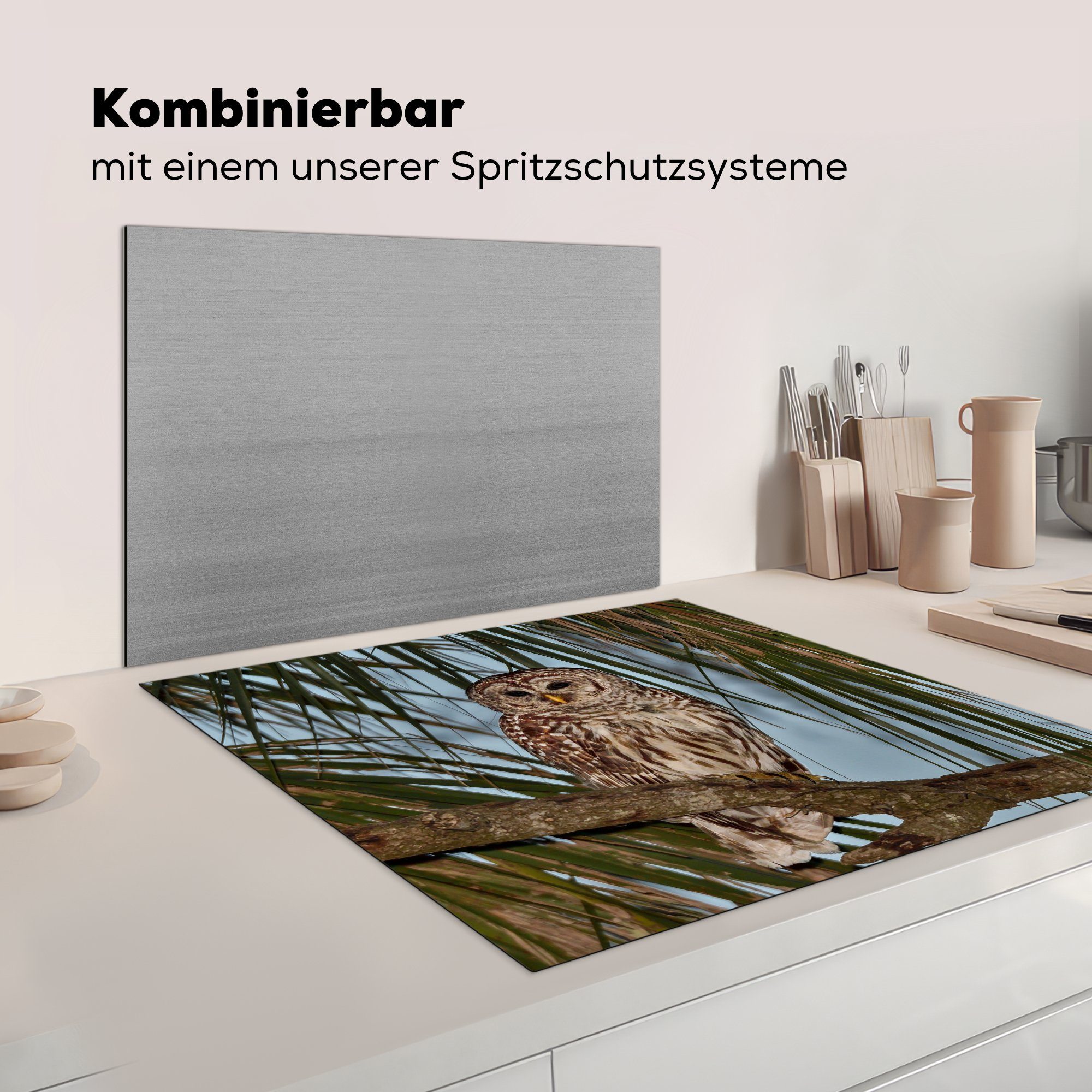 Herdblende-/Abdeckplatte (1 78x78 Eule Arbeitsplatte Vinyl, Ceranfeldabdeckung, tlg), Ast MuchoWow - - Baum, küche für cm,