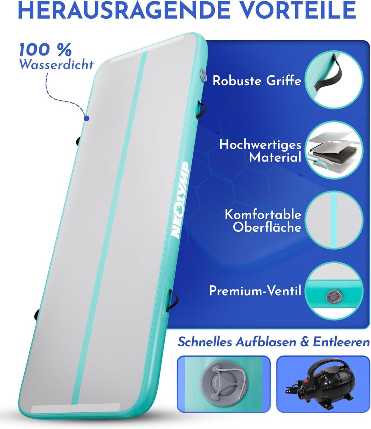 NEOLYMP Turnmatte Air Matte Track - Tumbling Matte 3m - Turnmatte Kinder & Erwachsene (Turnmatte mit Luftpumpe, Reparaturset & Tasche und Aufbauanleitung), Ruts – Bild 5 von 5