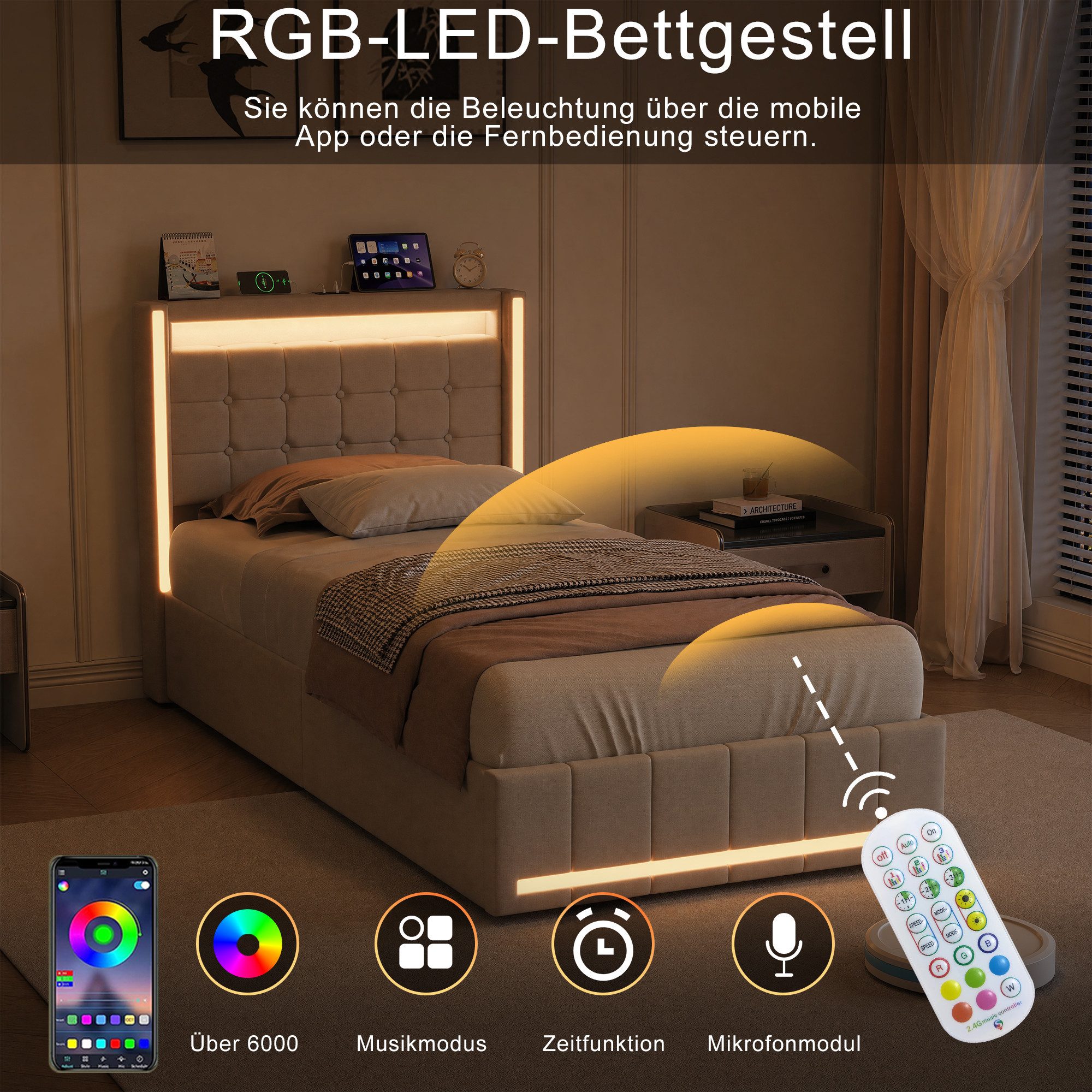Simurq Stauraumbett Stauraumbett,Einzelbett aus Leinenstoff mit Schubladen/Bettkasten (Stauraumbett mit Lattenrost), Polsterbett 90x200 mit LED-Beleuchtung und USB-Ladestation
