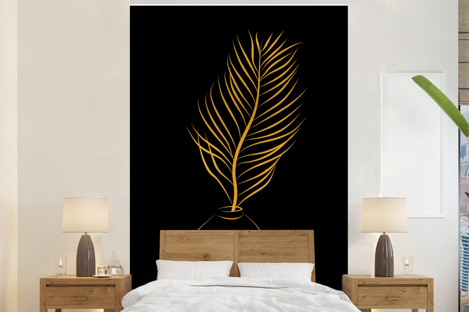 MuchoWow Fototapete Topf - Pflanze - Linienkunst - Gold, Matt, bedruckt, (3 St), Montagefertig Vinyl Tapete für Wohnzimmer, Wandtapete