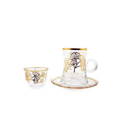 Almina Teeglas 36 Teiliges Set für Tee, Mokka und Zamzam mit Unterteller Blumenmotiv