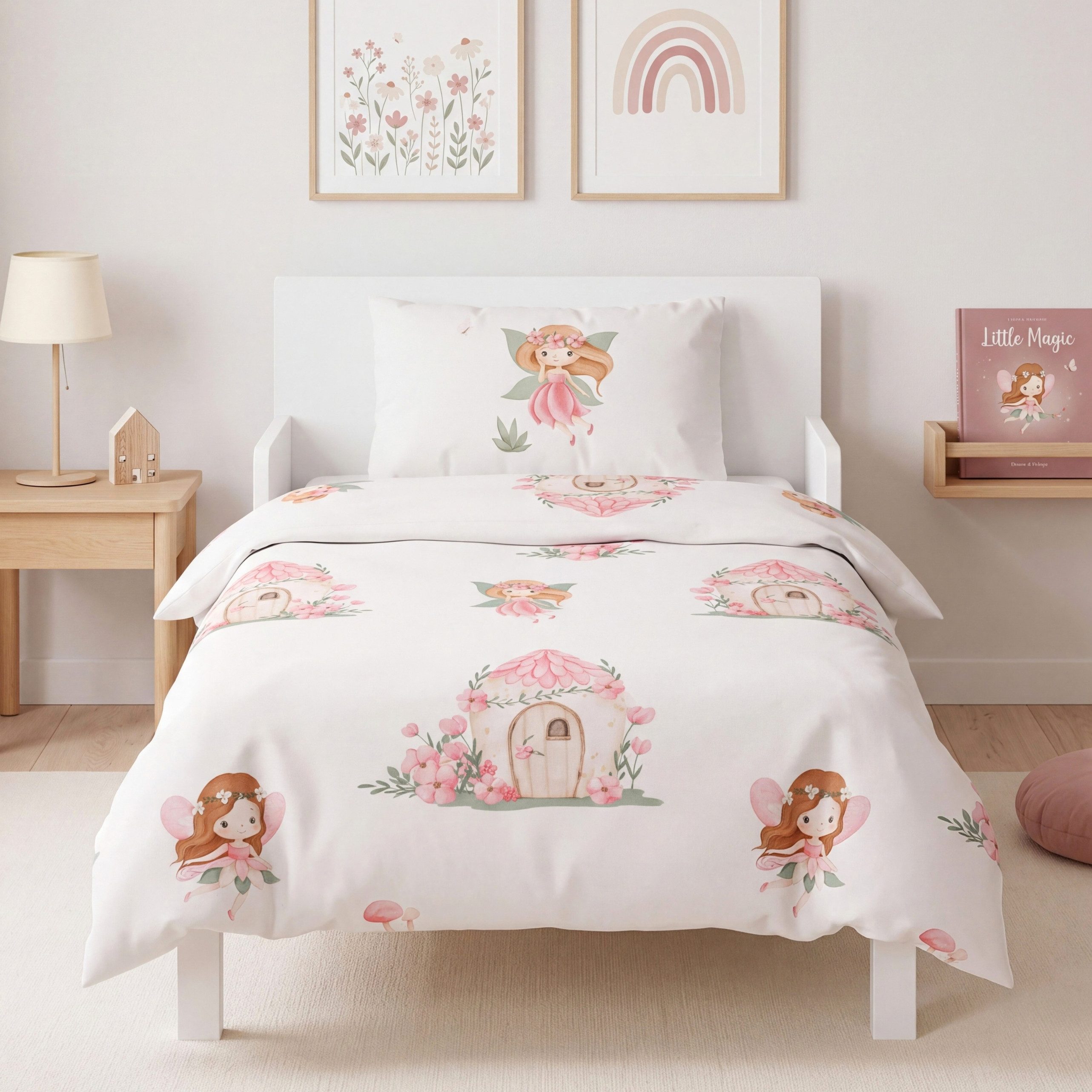 MTOnlinehandel Babybettwäsche Fee 100x135 cm Flanell/ Biber für Kleinkinder, 100% Baumwolle, 2 teilig, Kinderbettwäsche Little Magic in zarten Farben, Feen Garten