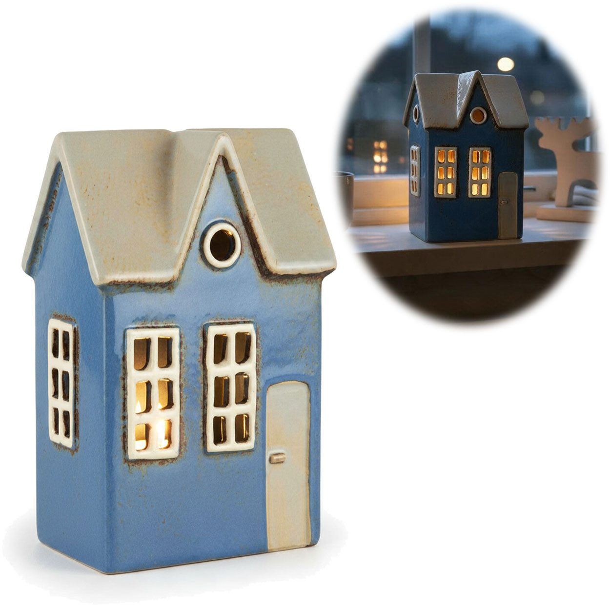 LS-LebenStil Teelichthalter Teelichthaus Lichterhaus Nyhavn 17cm Blau Beige Keramik Fachwerkhaus (Dänisches Lichterhaus Windlichthalter Teelichtständer Kerzenständer, 1 St., Lichterhäuschen Windlicht für Teelichter Wohnzimmer Garten Balkon), Deko Hochzeit Ostern Weihnachten Konfirmation