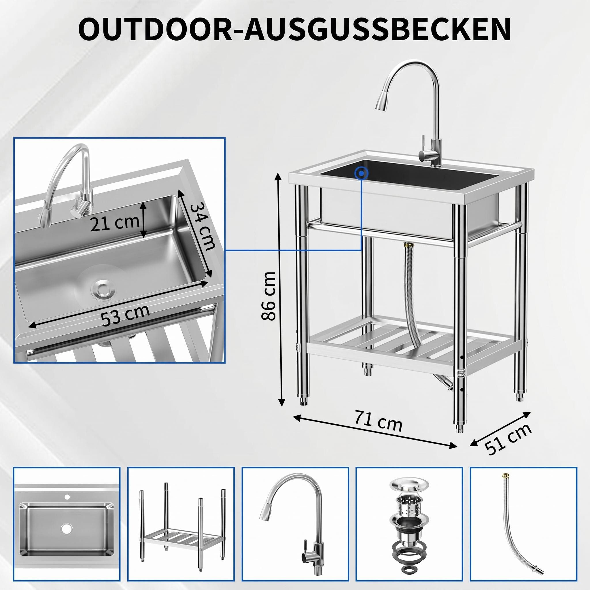 GarveeMore Waschbecken Freistehende Edelstahlspüle mit ausziehbarer Armatur (1-St), Spülbecken für Küche, Waschbereich und Hauswirtschaftsraum