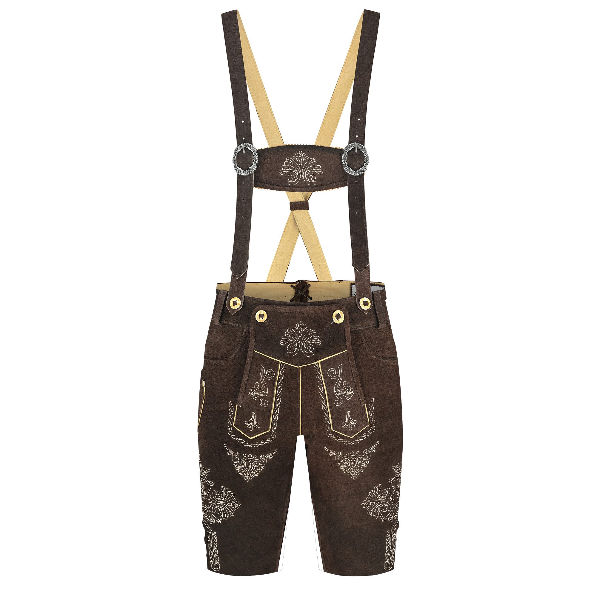 Trachtenlederhose Damen Lederhose knielang Echtleder mit Hosenträgern Braun
