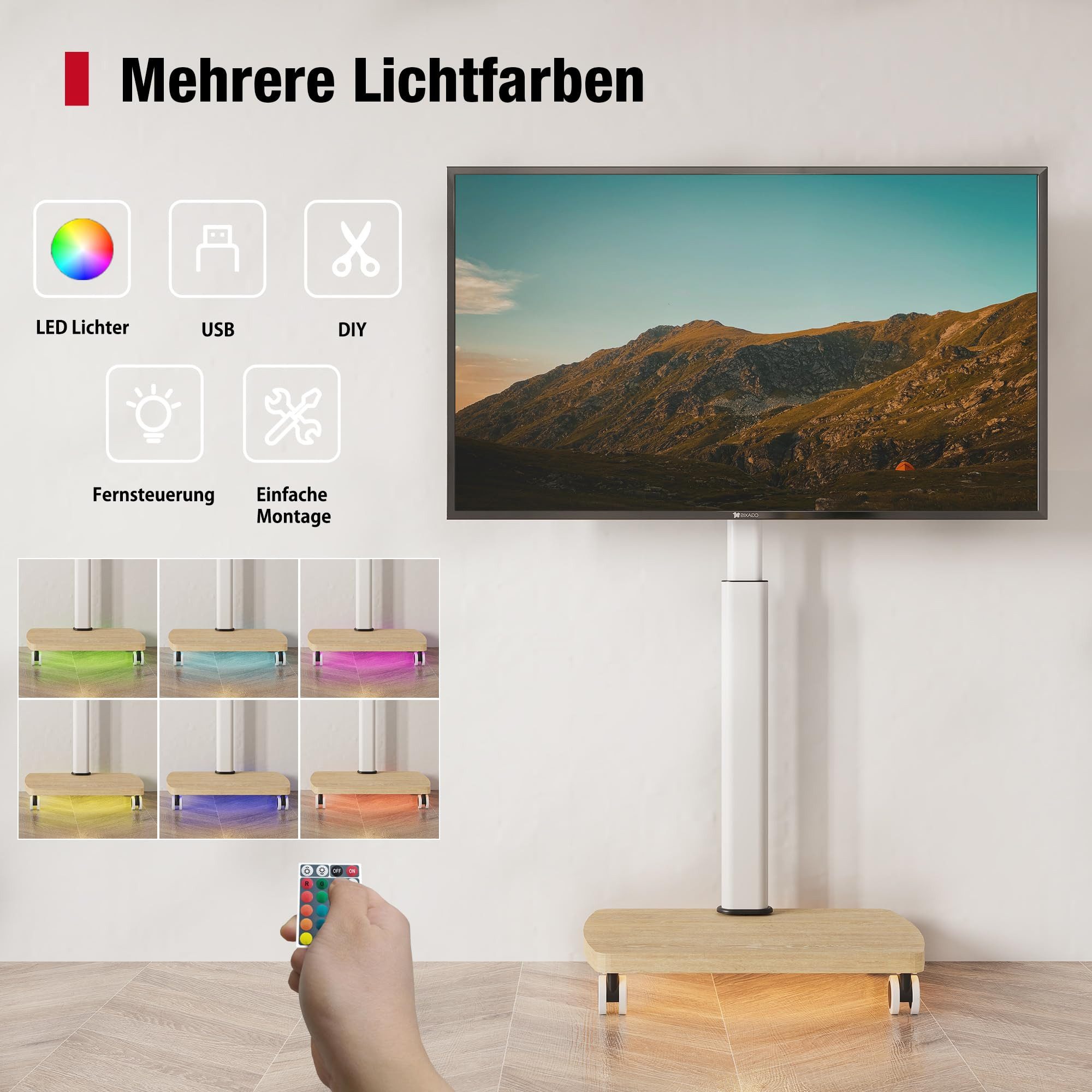 AOKCOS TV-Ständer TV-Rollwagen, mit Rädern, 32-65 Zoll, mit LED-Beleutung, (bis 65 Zoll, höhenverstellbar, von -2° bis +10° neigbar, ±30° schwenkbar)