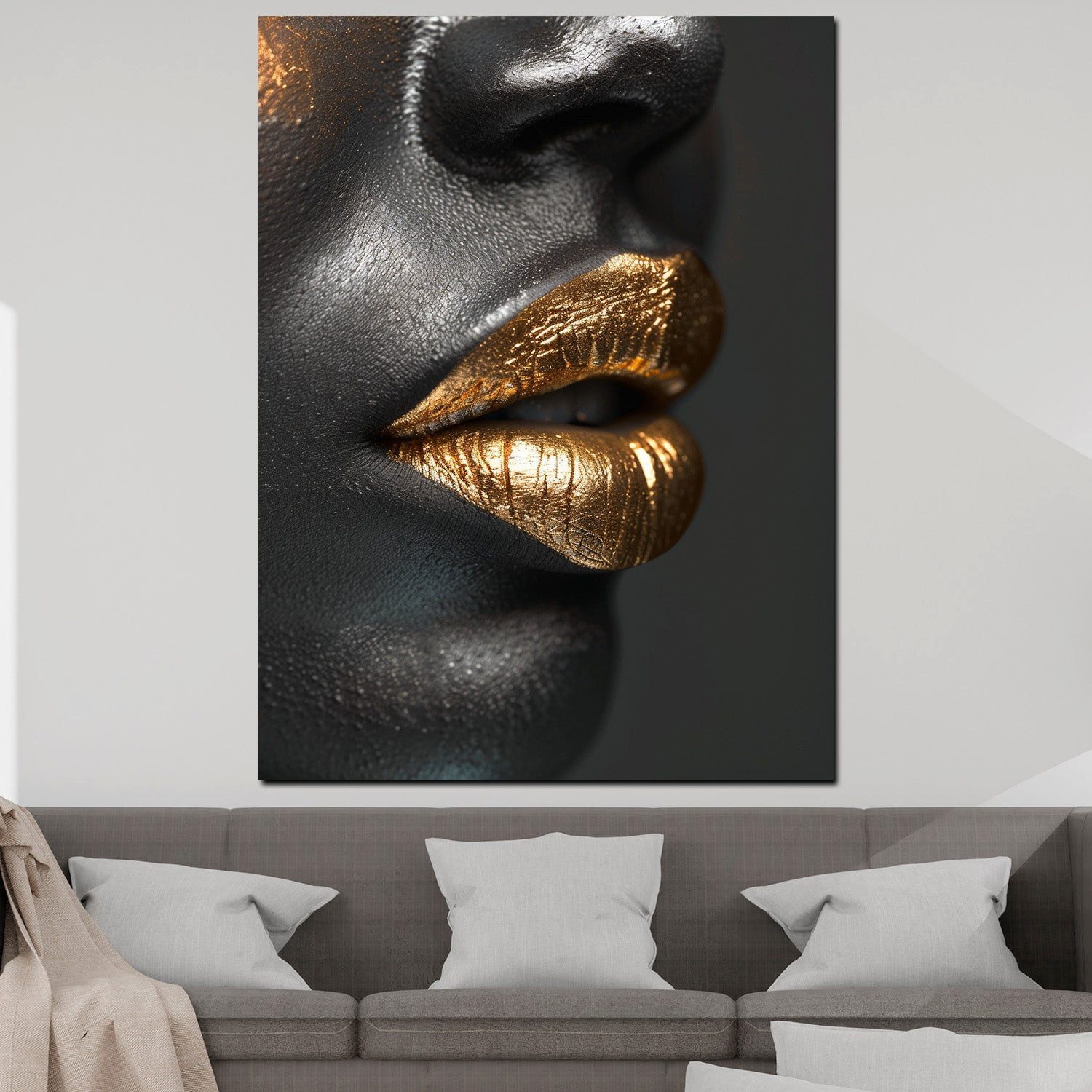 Artedinoi Leinwandbild Goldene Lippen Profil dunkle Haut Modern Leinwandbild Wandbild XXL, Goldene Lippen auf schwarzer Haut