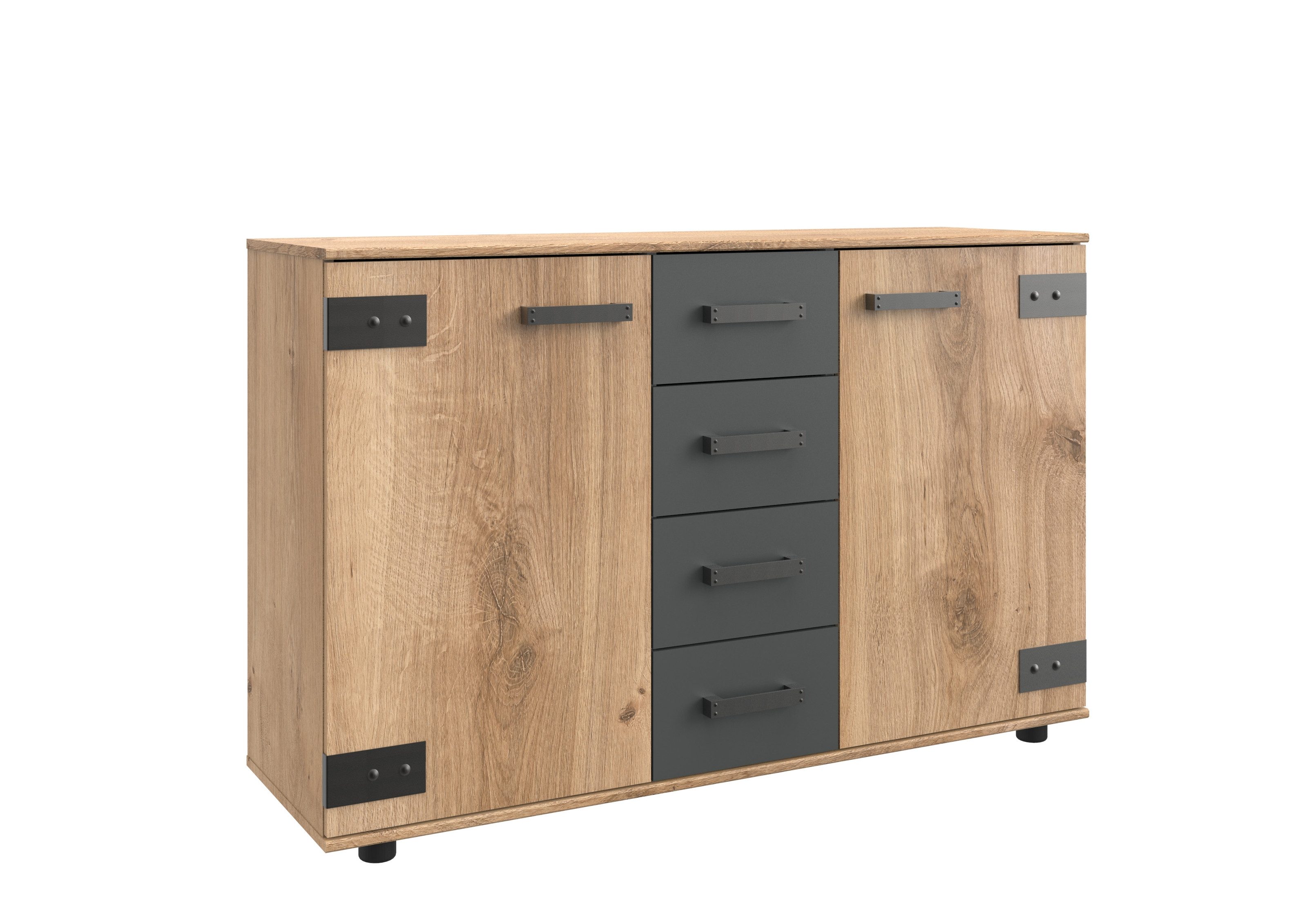 freiraum Kommode Malmö (B/H/T: 130x83x41 cm), in Plankeneiche-Nachbildung mit Absetzungen in Graphit