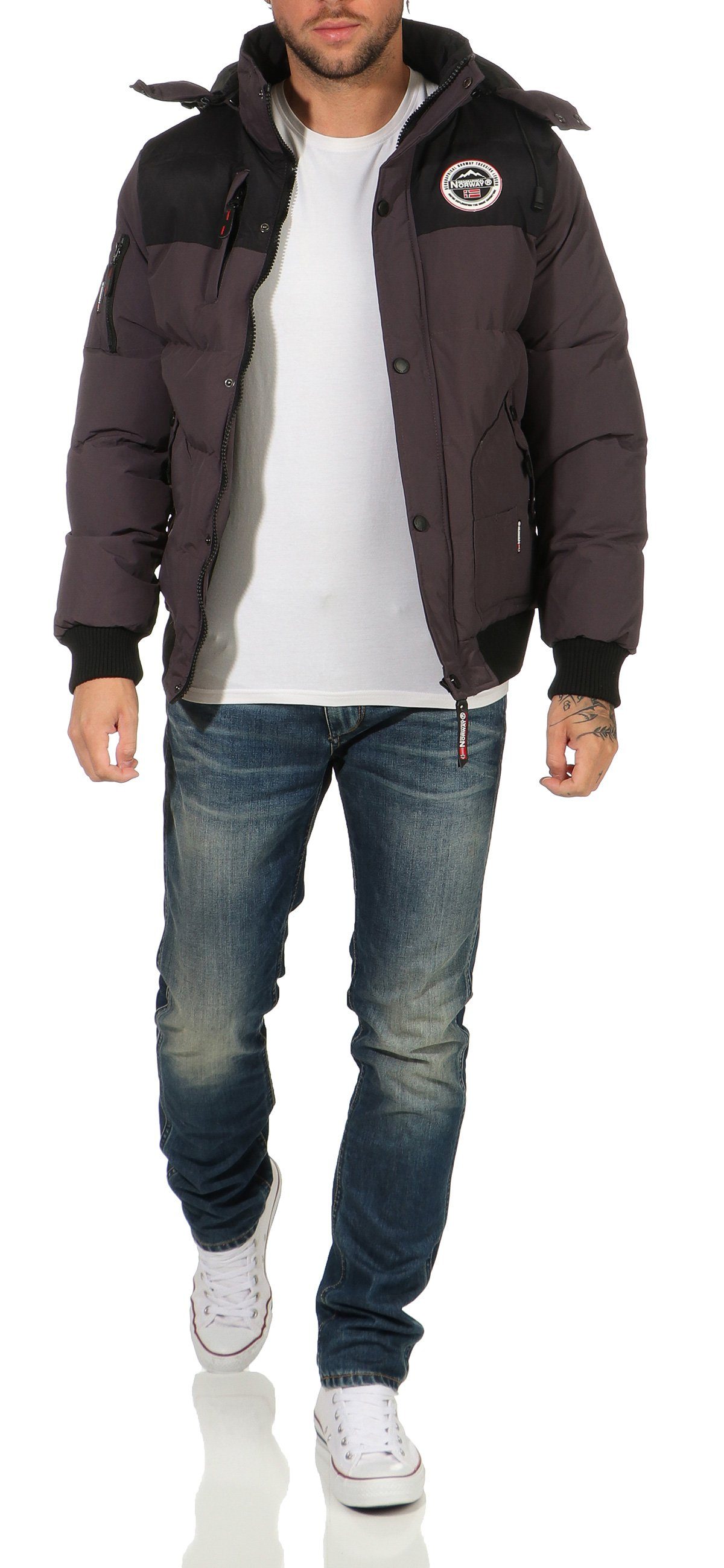 Geographical Norway Winterjacke Herren Steppjacke mit abnehmbarer Kapuze, mit Stehkragen, in Unifarben