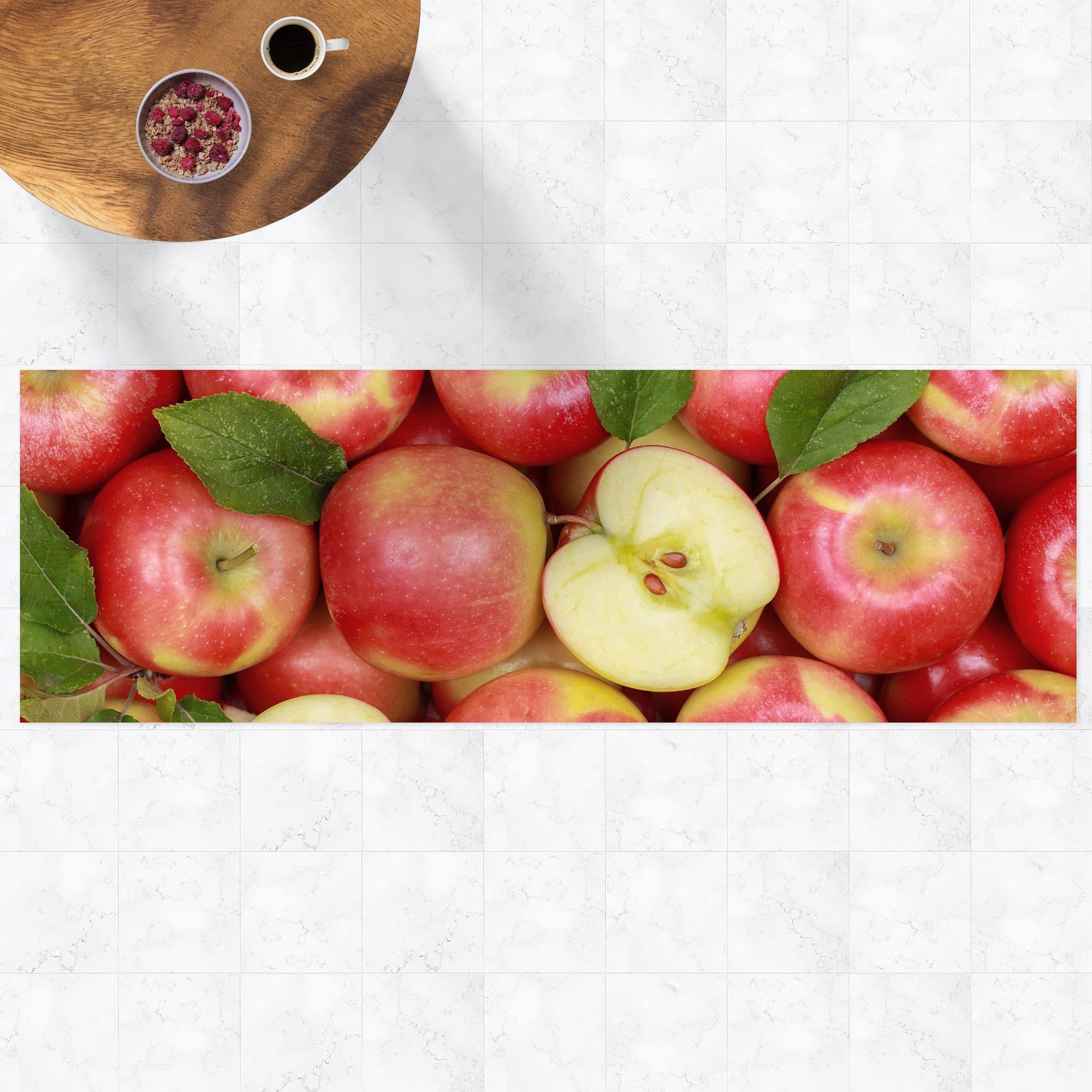 Bilderdepot24 Teppich Teppich Vinyl Küchenmatte Küche Apfel lang modern funktional, Läufer - rot glatt, nass wischbar (Spritzer, Tierhaar) Saugroboter & Bodenheizung geeignet
