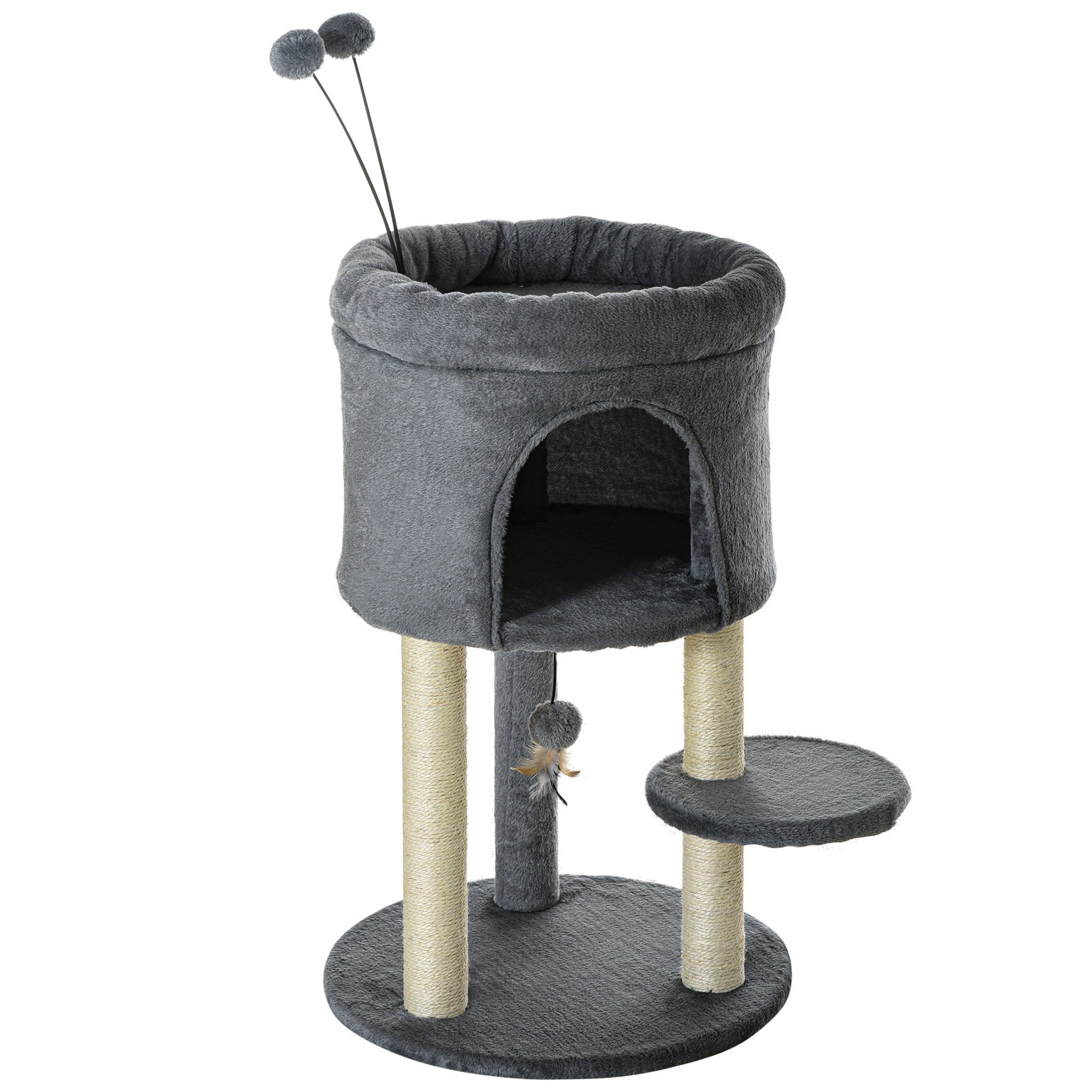 Kratzbaum Katzenbaum mit Katzenhöhle und Spielball Plüsch Grau+Cremeweiß